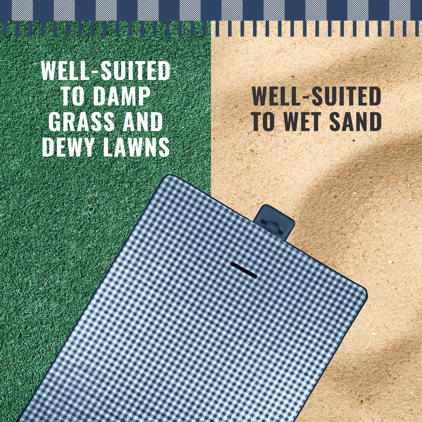 Straame Waterproof Picnic Blanket – Large 200x140cm Foldable Outdoor Blanket with Carry Handle – Ideal for Camping, Beach, Garden & Festivals – Timeless Gingham Design (Blue)