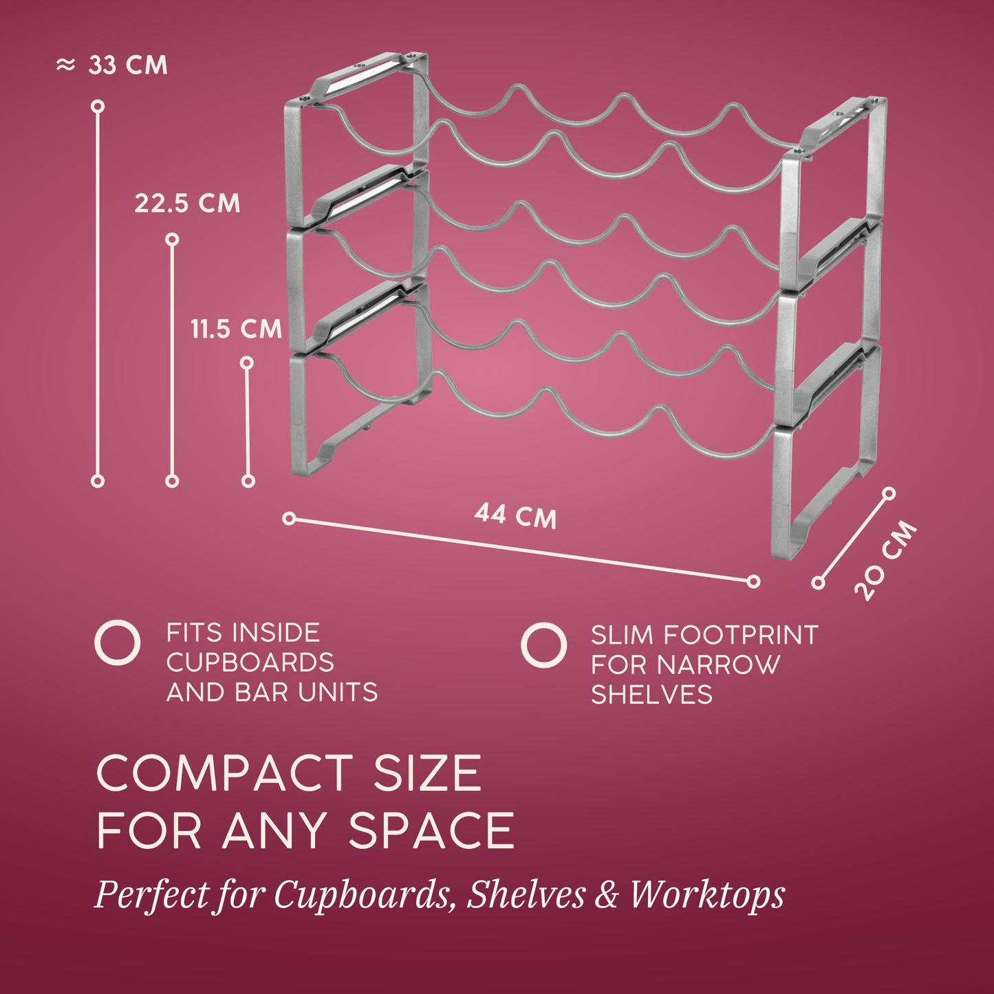 Straame 3 Tier Metal Wine Rack – Stackable Bottle Rack for Wine Storage – Wine Racks Free Standing Organiser for Countertop, Shelf or Cupboard – Modular Wire Rack Holder – Modern Design (Silver)