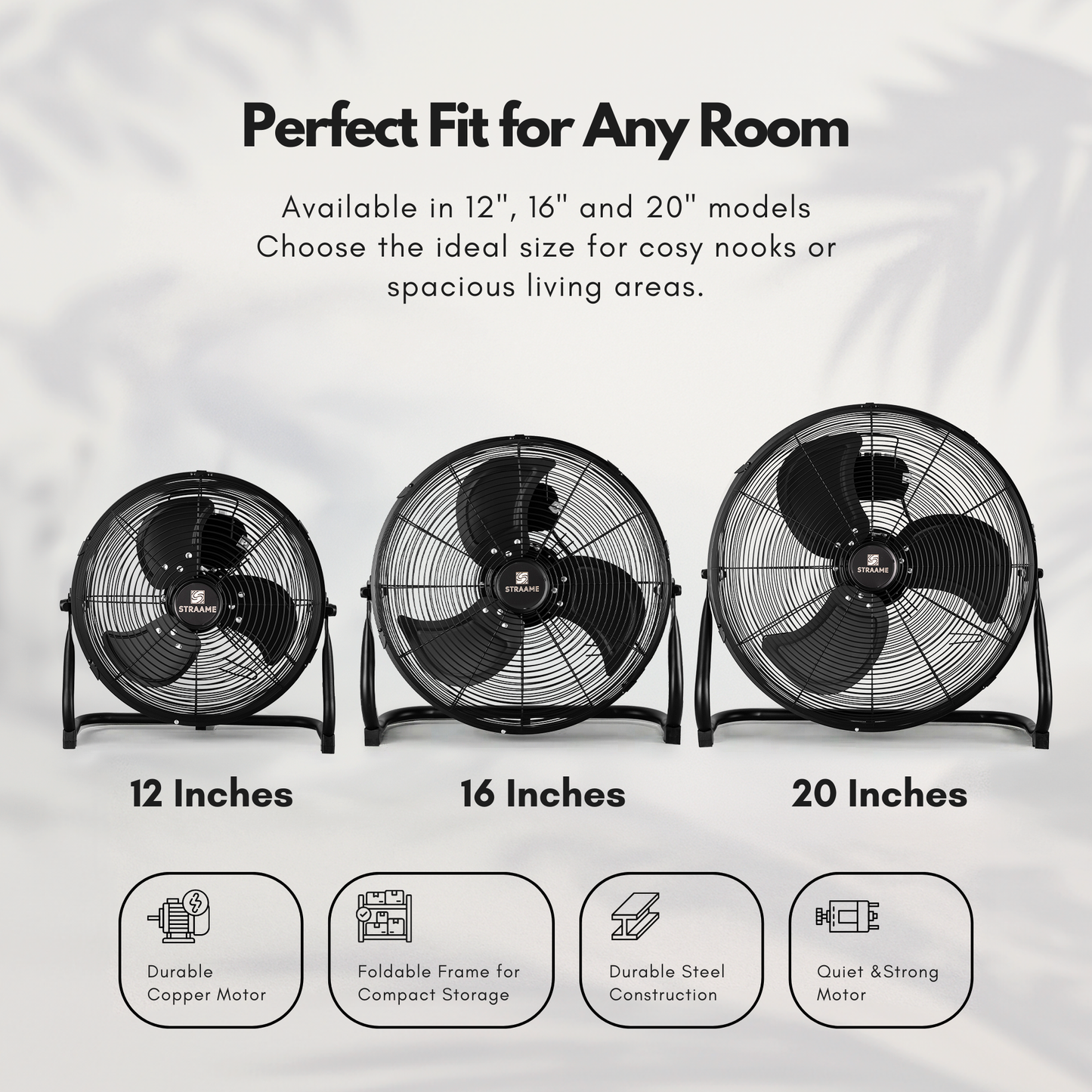 Straame Floor Fan – Quiet Portable Steel Floor Fan with 3 Speeds, High Velocity & Adjustable Head for Bedroom, Home & Gym – 1.8m Cable (16 Inch)