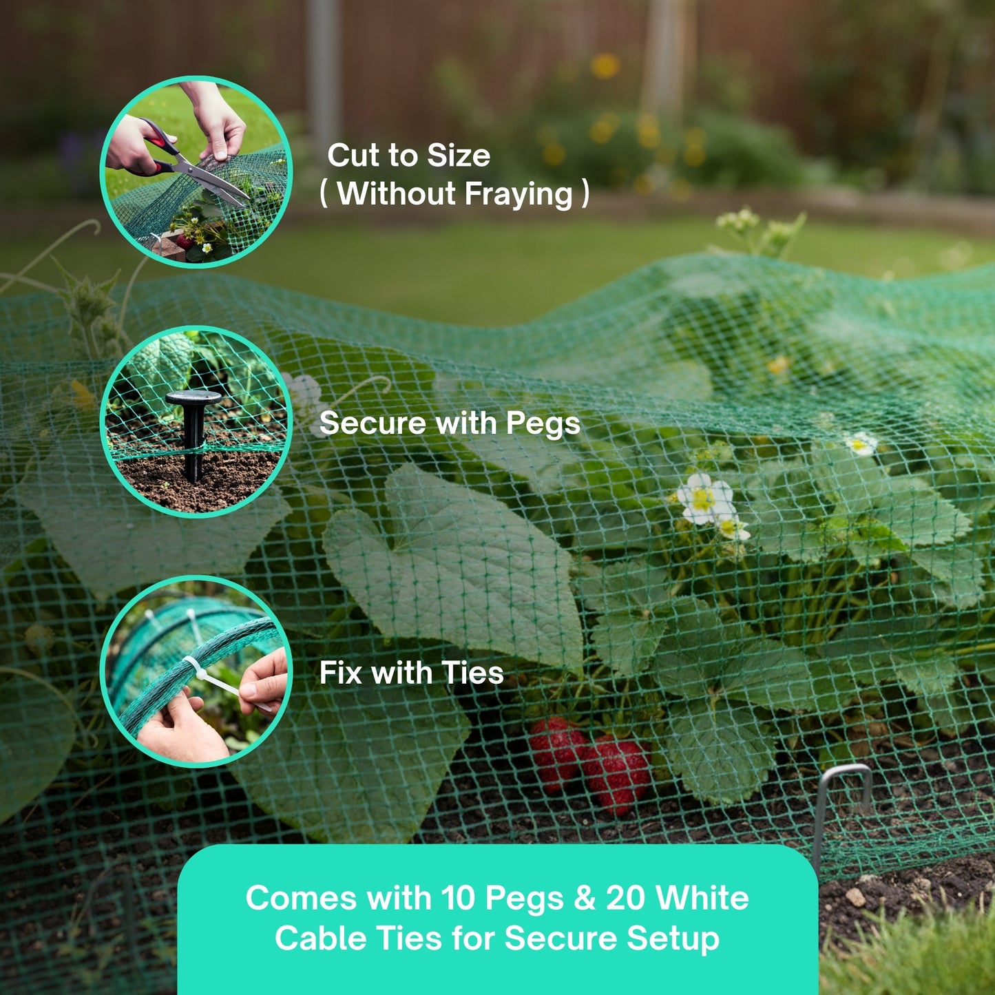 Straame Garden Netting 4m x 5m Fine Mesh, Gardening Bird Net for Veg Patch, Raised Bed Cover, Fruit Cage & Pond Protection, Garden Mesh for Allotment & Strawberries, 1 Pack Including Pegs & Cable Ties