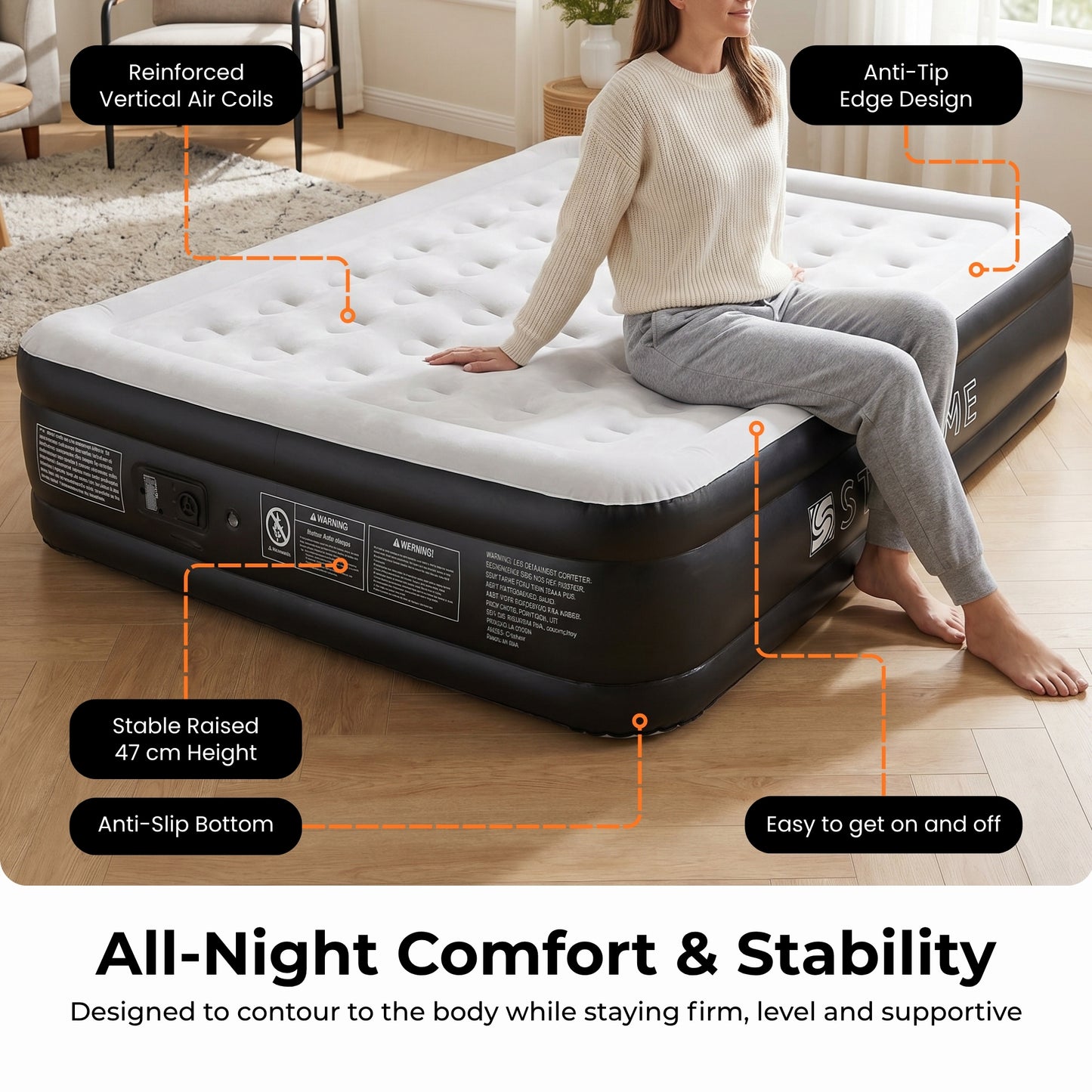 Straame King Size Airbed with Built-in Pump, Inflatable Mattress 203 x 157 x 47 cm, Blow Up Mattress Guest Bed, Self Inflating Camping Mattress with Carry Bag for Home Travel Sleepovers Guests Indoo