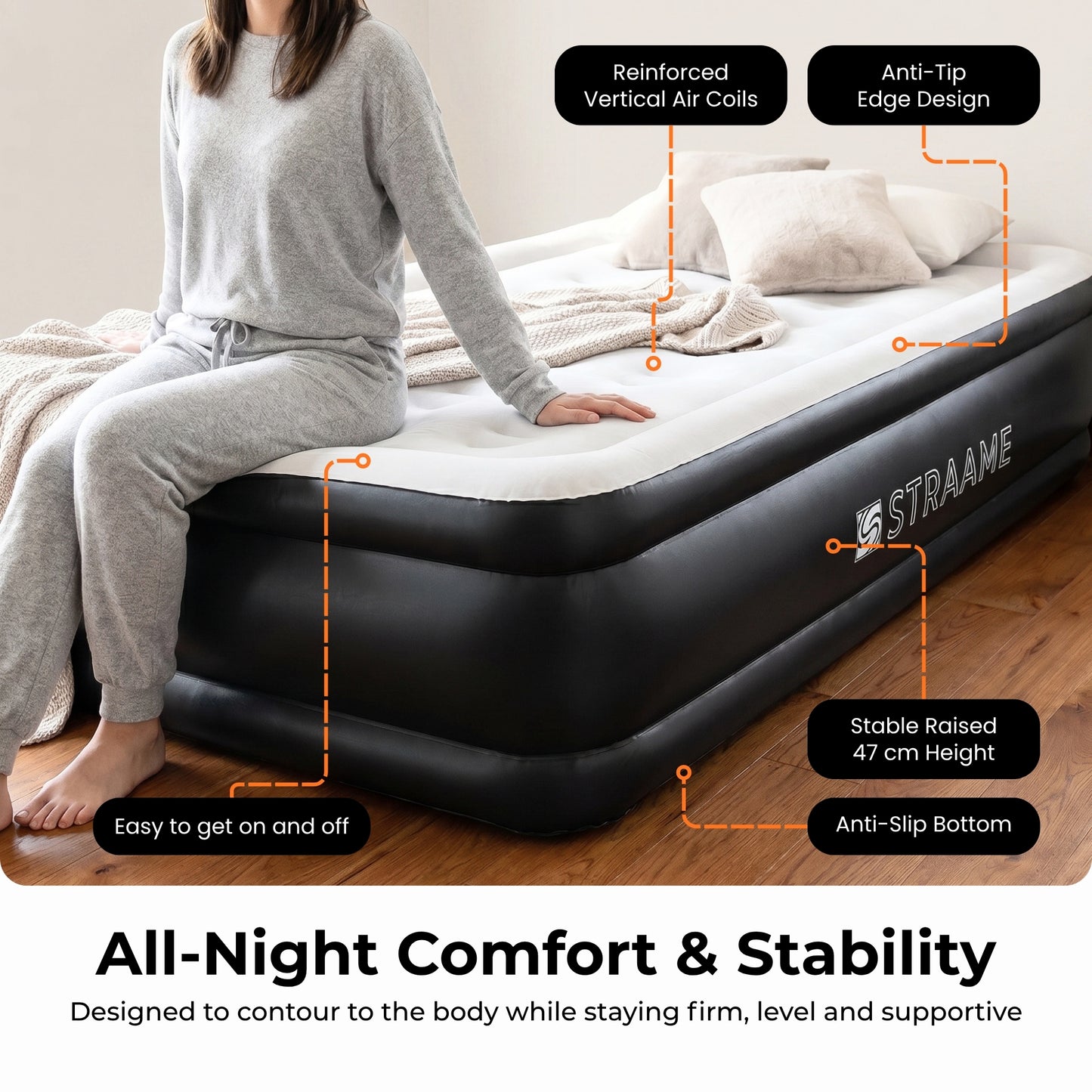 Straame Single XL Air Bed with Built-in Pump, Inflatable Mattress 196 x 97 x 47 cm, Blow Up Guest Bed, Self Inflating Camping Mattress with Carry Bag for Home Travel Sleepovers Guests Home Camping Us