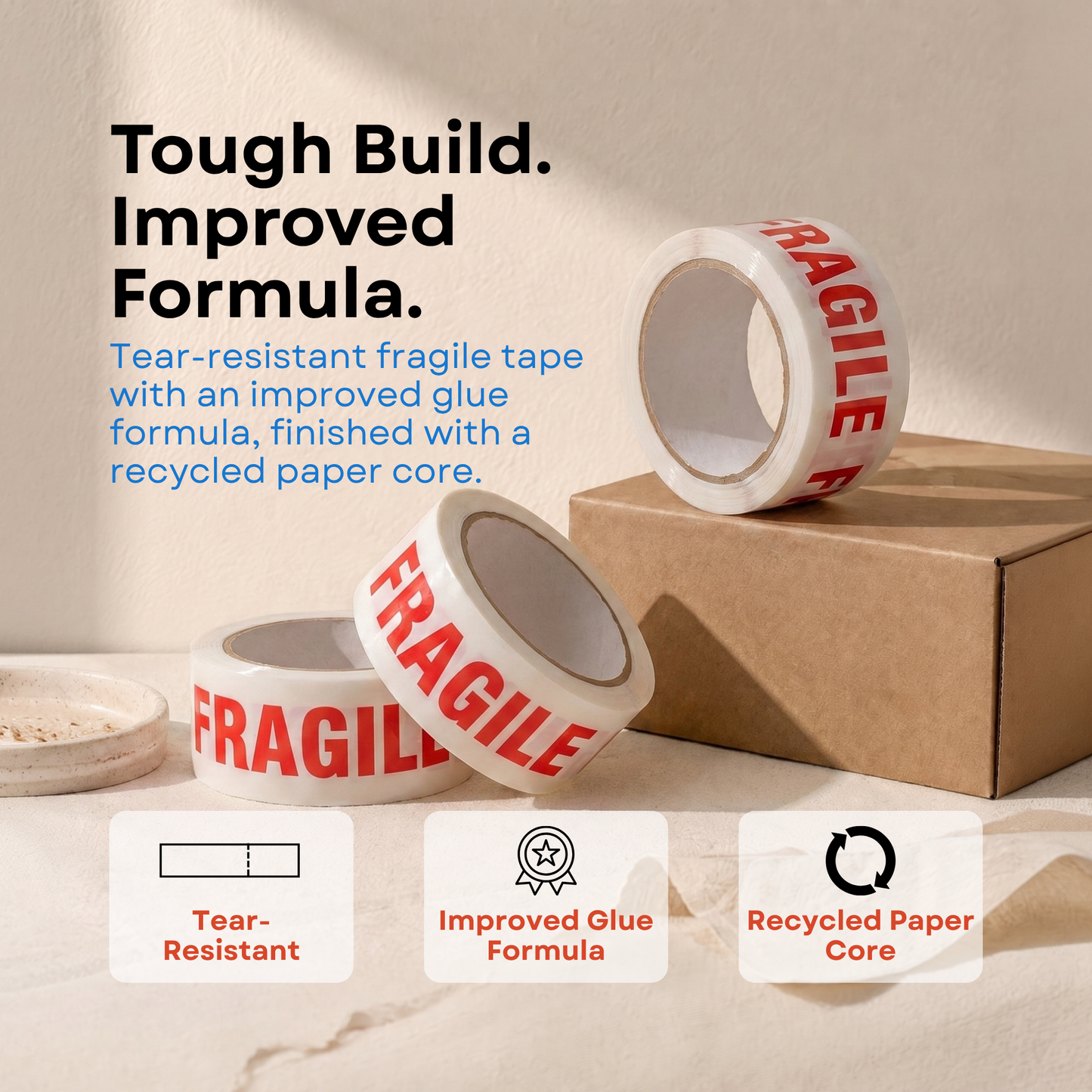 Wolf Tapes Packaging Tape, Resistant Box Tape for Packing, All Purpose Adhesive Tape for Sealing Boxes and Parcels, FSC Certified Shipping Tape, Pack of 6 Rolls 48MM x 66M (Fragile)