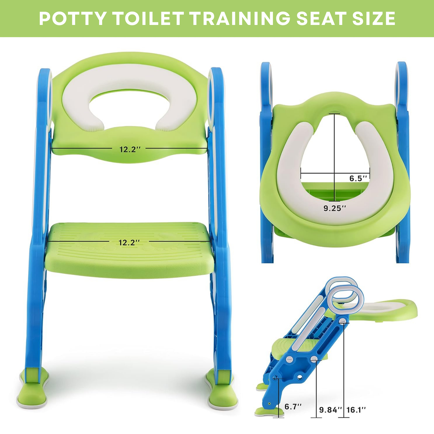 Straame Toddler Toilet Ladder Seat - Adjustable Potty-Training Seat, Soft Cushion Seat and Anti-Slip Steps Design - Easy to Install Portable Children Potty Training Chair (Green-Blue)