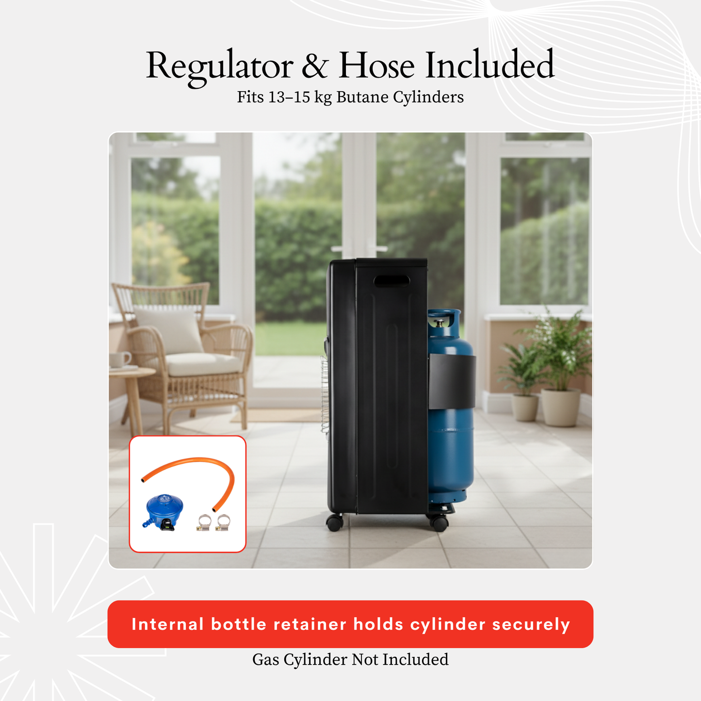 Straame Mobile Gas Heater 4.2kW – Foldable Indoor Butane Heater with 3 Heat Settings, Push-Button Ignition, ODS & Anti-Tilt Safety – Fits 13/15kg Cylinder, Regulator & Hose Included, with Castors