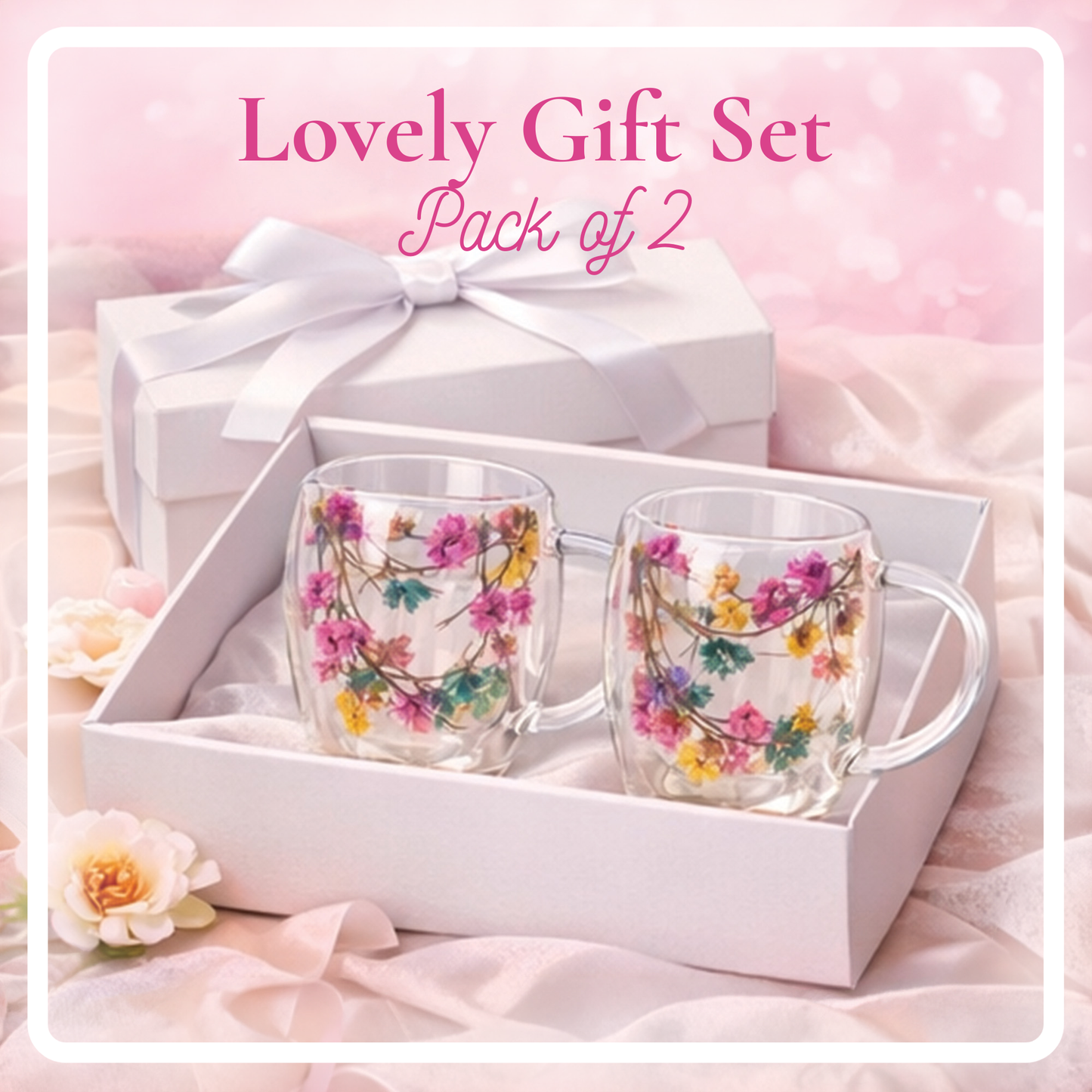 Straame Dried Flower Glass Coffee Mugs Pack of 2, 350 ml Floral Double Walled Glass Mugs with Handle, Double Wall Glass Tea Cups, Insulated Flower Mug, Double Walled Coffee Mug for Hot & Cold Drinks
