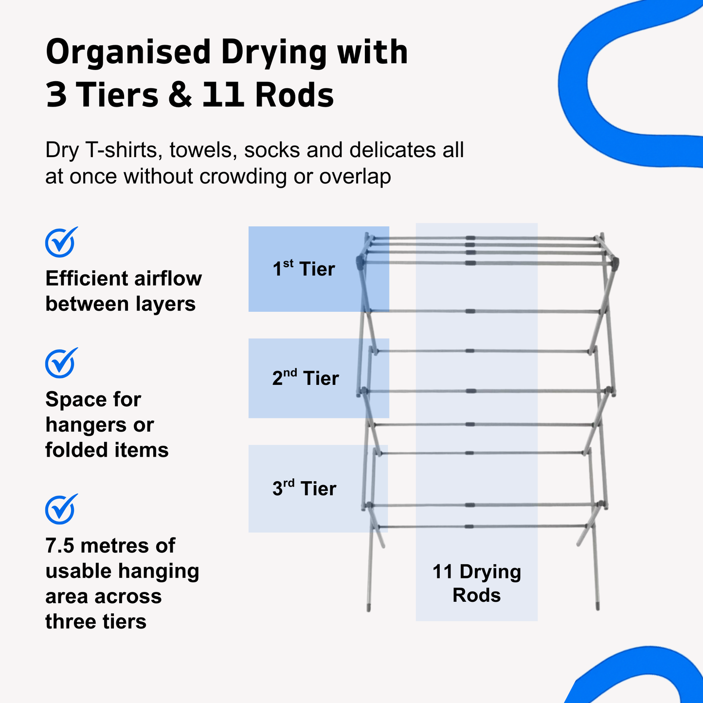 Straame 3-Tier Expandable Clothes Airer Indoor Outdoor – Slimline Drying Rack (Expanded:71×37×103 cm, Folded: 51×43×9 cm), 10 kg Capacity, Rust-Resistant, Non-Slip Feet, Heavy-Duty Design (Grey)