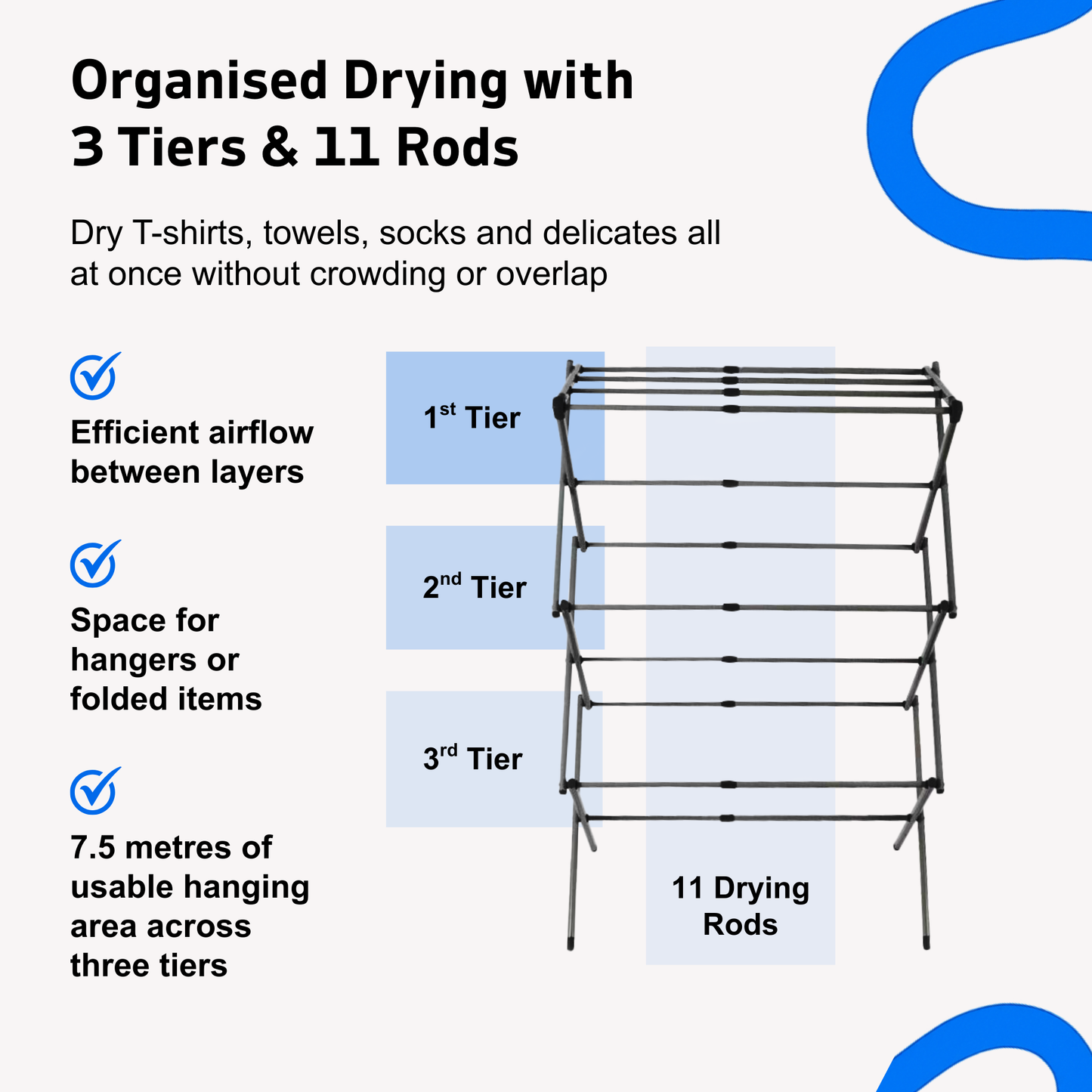 Straame 3-Tier Expandable Clothes Airer Indoor Outdoor – Slimline Drying Rack (Expanded:71×37×103 cm, Folded: 51×43×9 cm), 10 kg Capacity, Rust-Resistant, Non-Slip Feet, Heavy-Duty Design (Black)