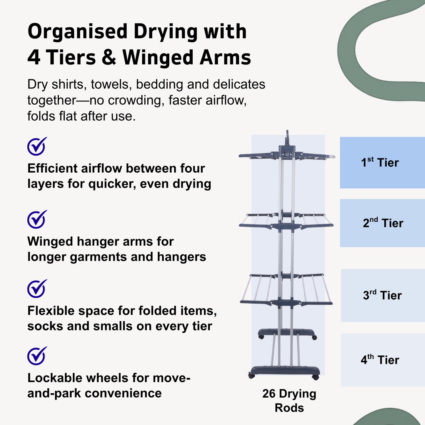 Straame 4-Tier Winged Clothes Airer – Foldable Clothes Drying Rack with Wheels for Indoor/Outdoor Use, Heavy-Duty Laundry Airer, Dryer rack, 76×50×178 cm (Grey)