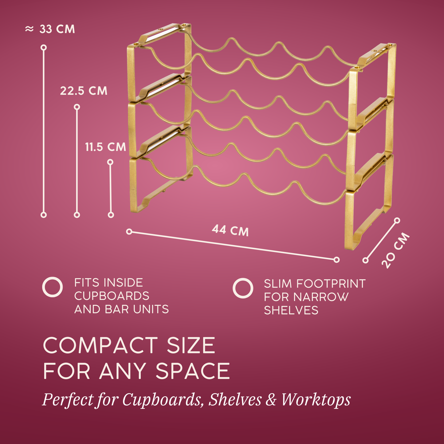 Straame 3 Tier Metal Wine Rack – Stackable Bottle Rack for Wine Storage – Wine Racks Free Standing Organiser for Countertop, Shelf or Cupboard – Modular Wire Rack Holder – Modern Design (Gold)