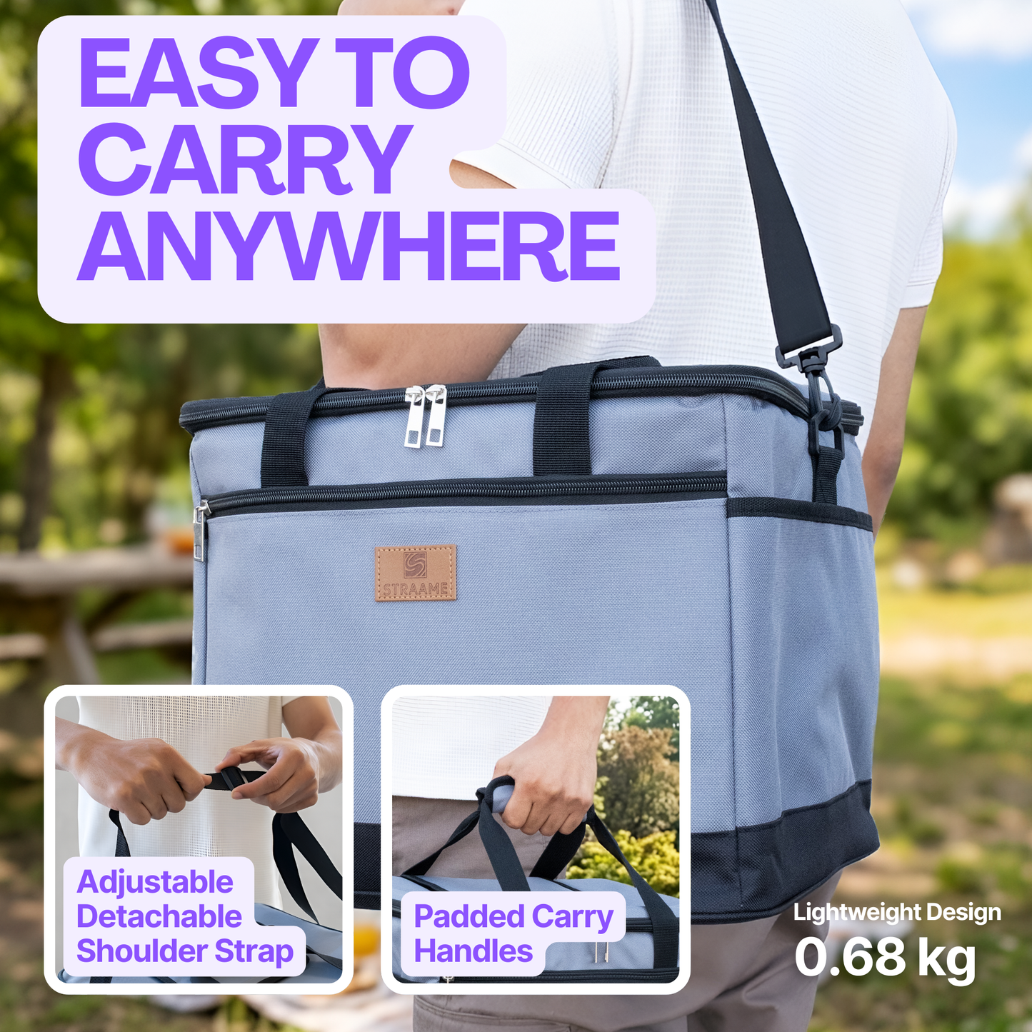 Straame 30L Insulated Cooler Bag, Large Lunch Bag Cool Bag for Picnic, Travel & Camping, Leakproof Foldable Cool Box with Shoulder Strap, Quick Access Top, Insulated Lunch Bag, Grey