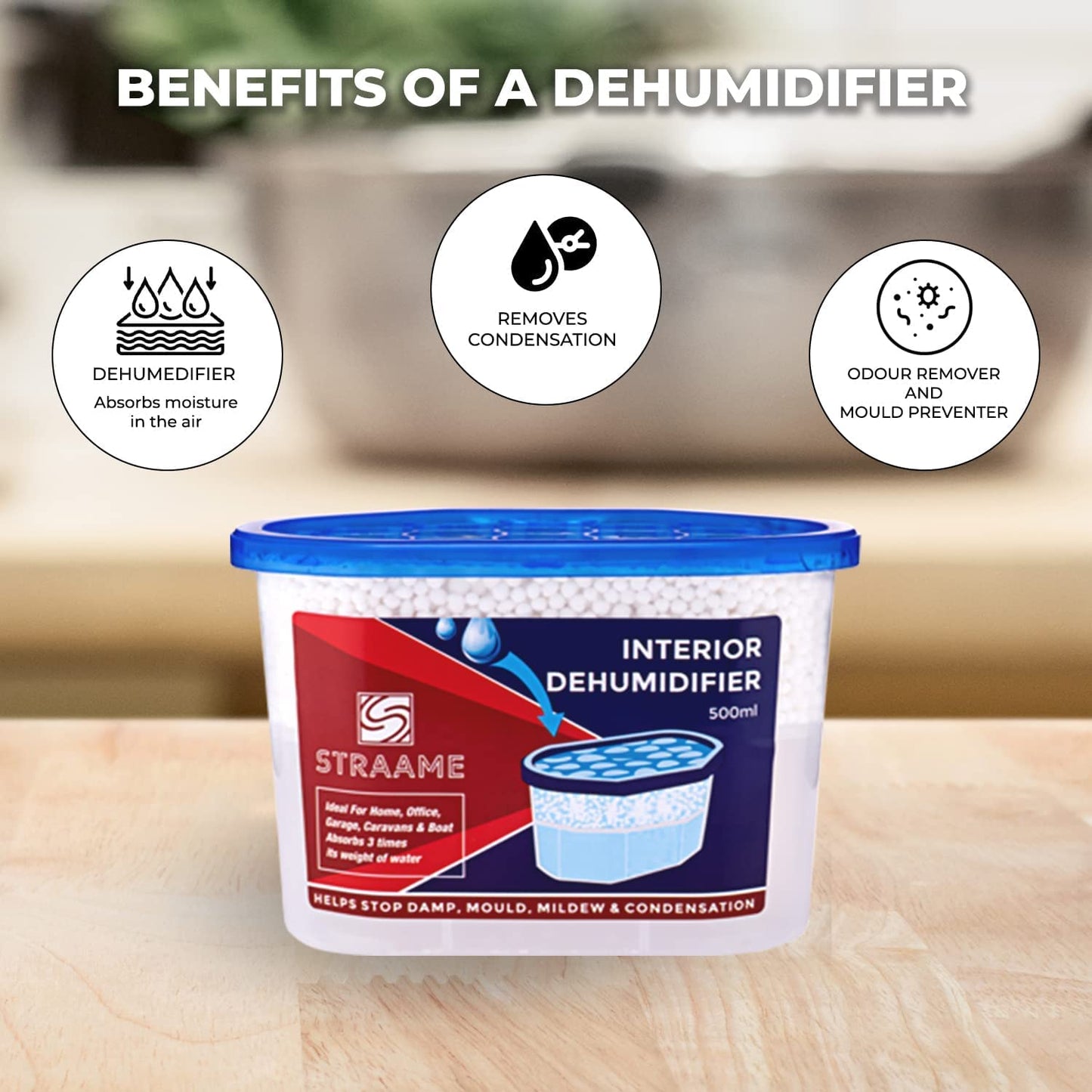 Straame Home | Interior Dehumidifier | Helps Prevent Damp, Mildew, Mould and Condensation | Long Lasting | Hydrophilic Crystals | Ideal for Any Room | (Interior, 5)
