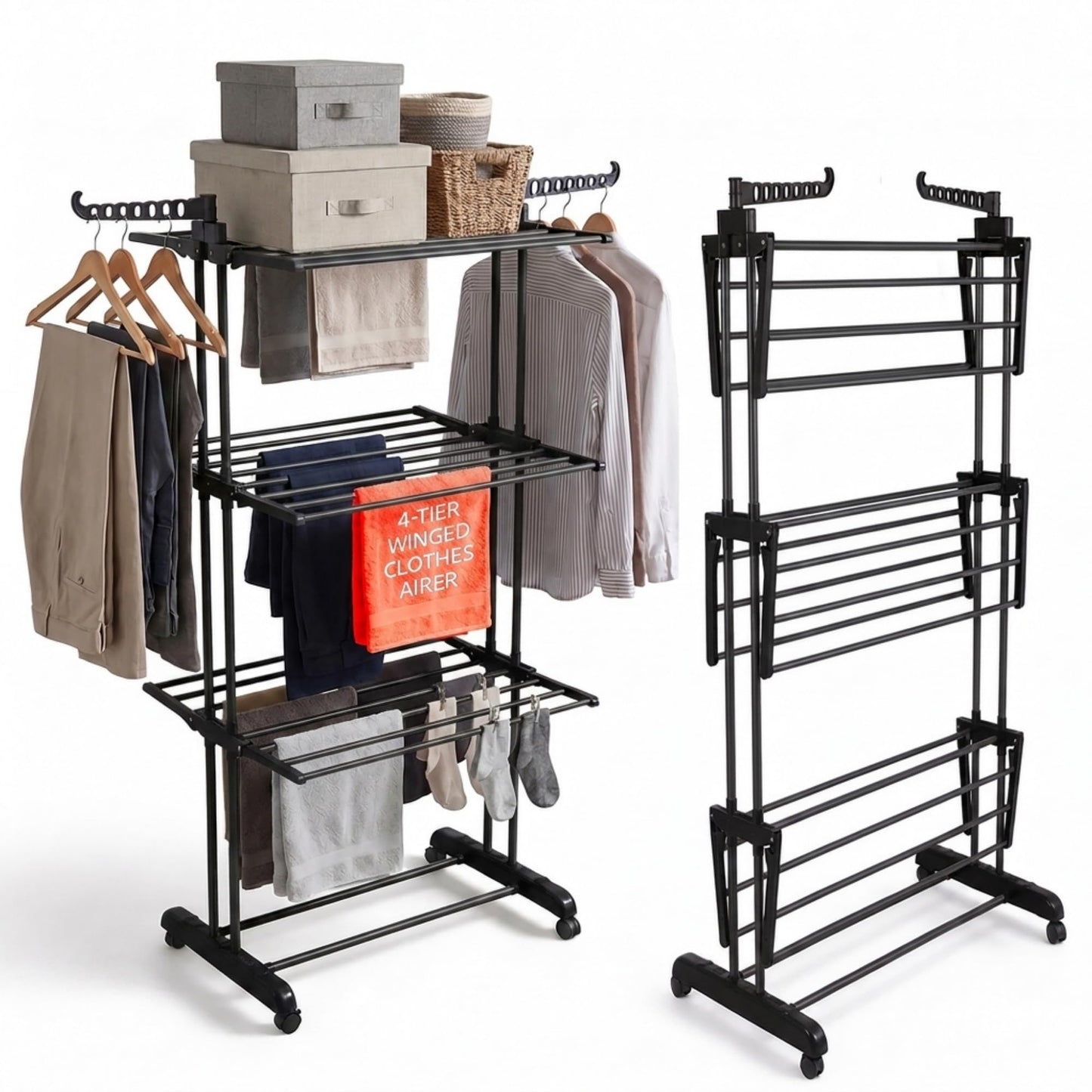 Straame 4-Tier Clothes Airer, Heavy Duty Foldable Drying Rack, 40 kg, Black