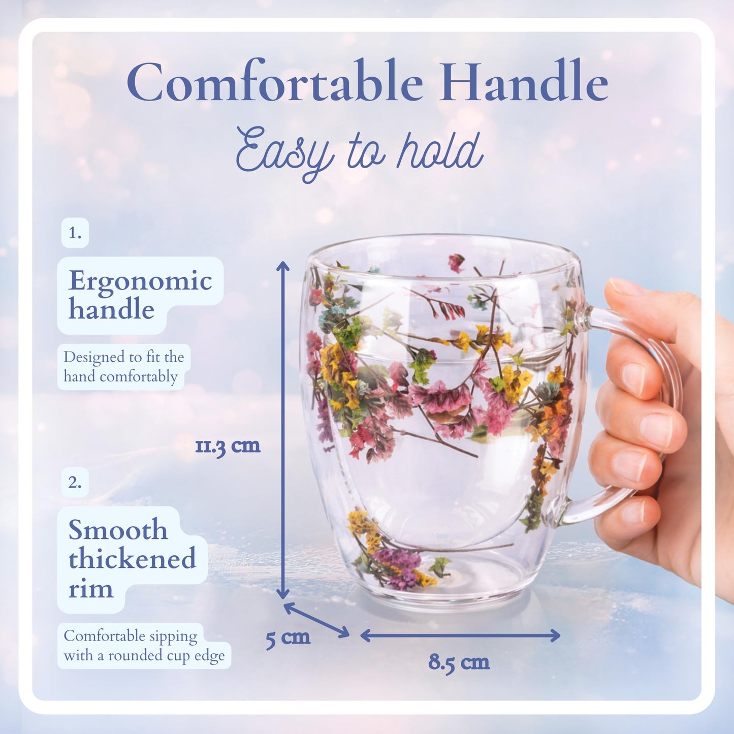 Straame Dried Flower Glass Coffee Mugs Pack of 2, 350 ml Floral Double Walled Glass Mugs with Handle, Double Wall Glass Tea Cups, Insulated Flower Mug, Double Walled Coffee Mug for Hot & Cold Drinks