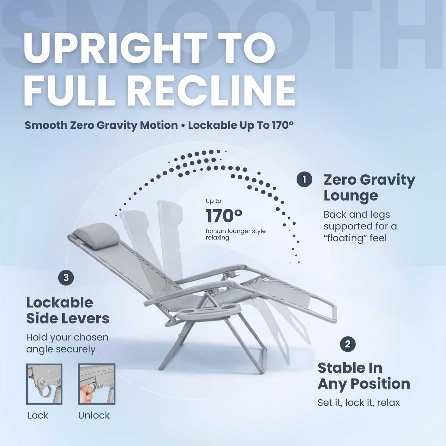 Straame Zero Gravity Chairs Set of 2,Folding Reclining Garden Chairs, Textilene Outdoor Chair, Lockable 170° Sun Loungers for Garden, Steel Frame, 150 kg Max Load(Classic, Silver Grey)