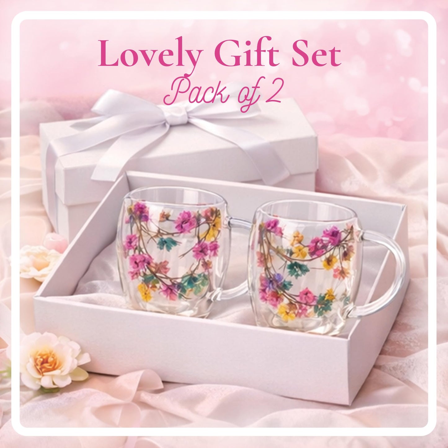 Straame Dried Flower Glass Coffee Mugs Pack of 2, 350 ml Floral Double Walled Glass Mugs with Handle, Double Wall Glass Tea Cups, Insulated Flower Mug, Double Walled Coffee Mug for Hot & Cold Drinks