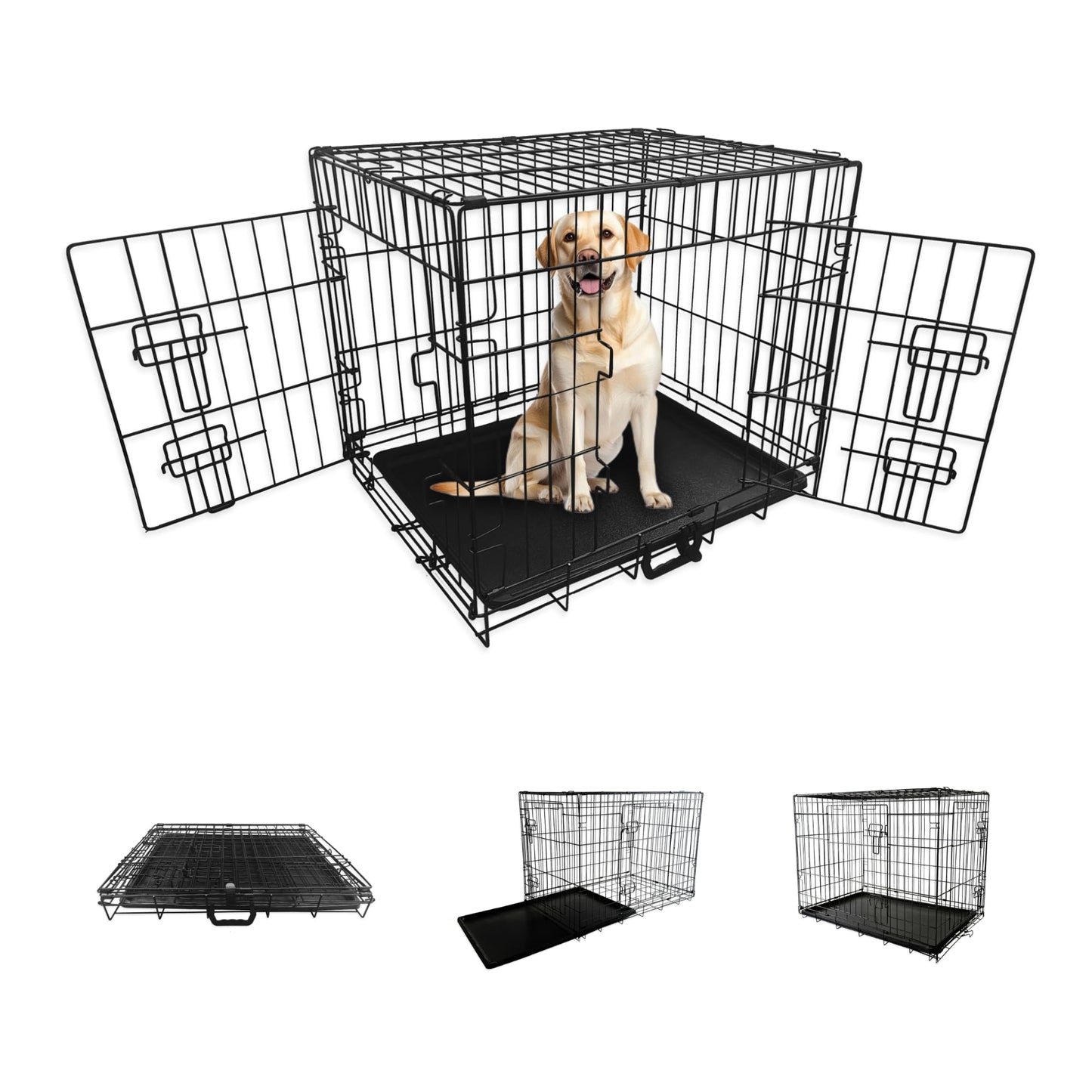 Straame Heavy-Duty Folding Dog Crate for XL Dogs, 107 × 68 × 75 cm (42″) Black Metal Cage with Front & Side Doors, Chew-Resistant, Removable Easy-Clean Plastic Tray & Carry Handle