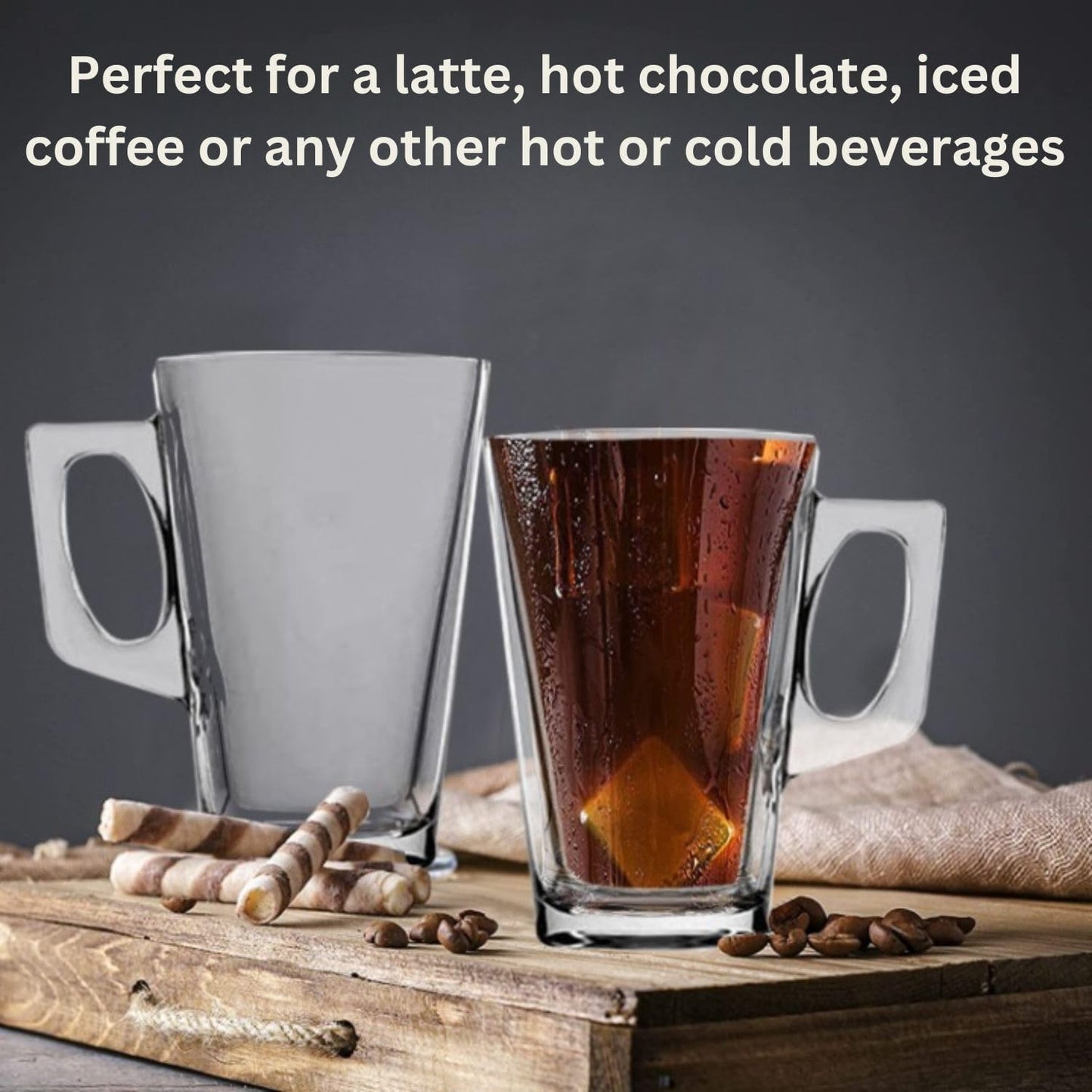 Straame - Set of 12 Latte Glasses, 240 ml Temperature Resistant - Stylish Coffee/Tea Cups, Hot Drink Cafe Mugs - Ideal for Ice Cream Latte, Espresso, Cappuccino & Hot Chocolate-Clear Mugs with Handle