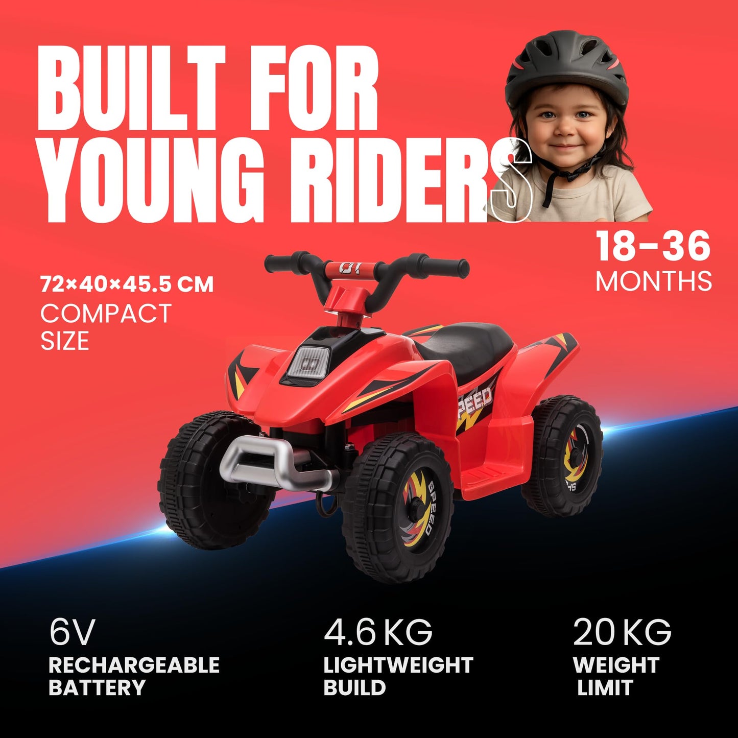 Straame 6V Electric Ride-On Quad Bike ATV for Toddlers Ages 18-36 Months, Forward/Reverse, 4-Wheel Design, 1.9-3.8 km/h Speed, 72x40x45.5 cm (Red)