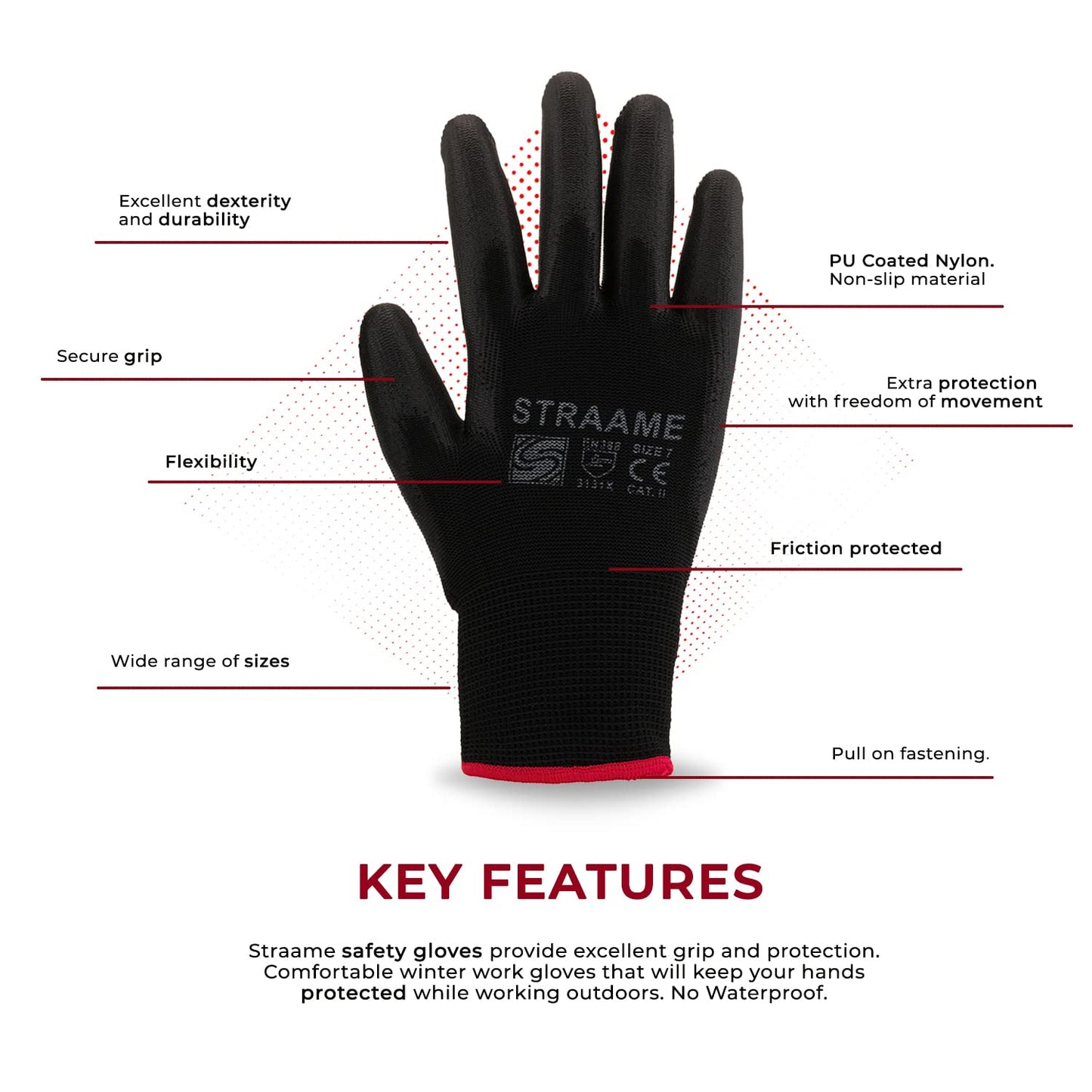 Straame Pack of 12 or 24 Black Safety Work Gloves, Outdoors PU and Nylon Non-Slip Work Handling Gloves, Good Dexterity Firm Grip Protective Working Gloves Size (Pack of 12 Pair's, XL)