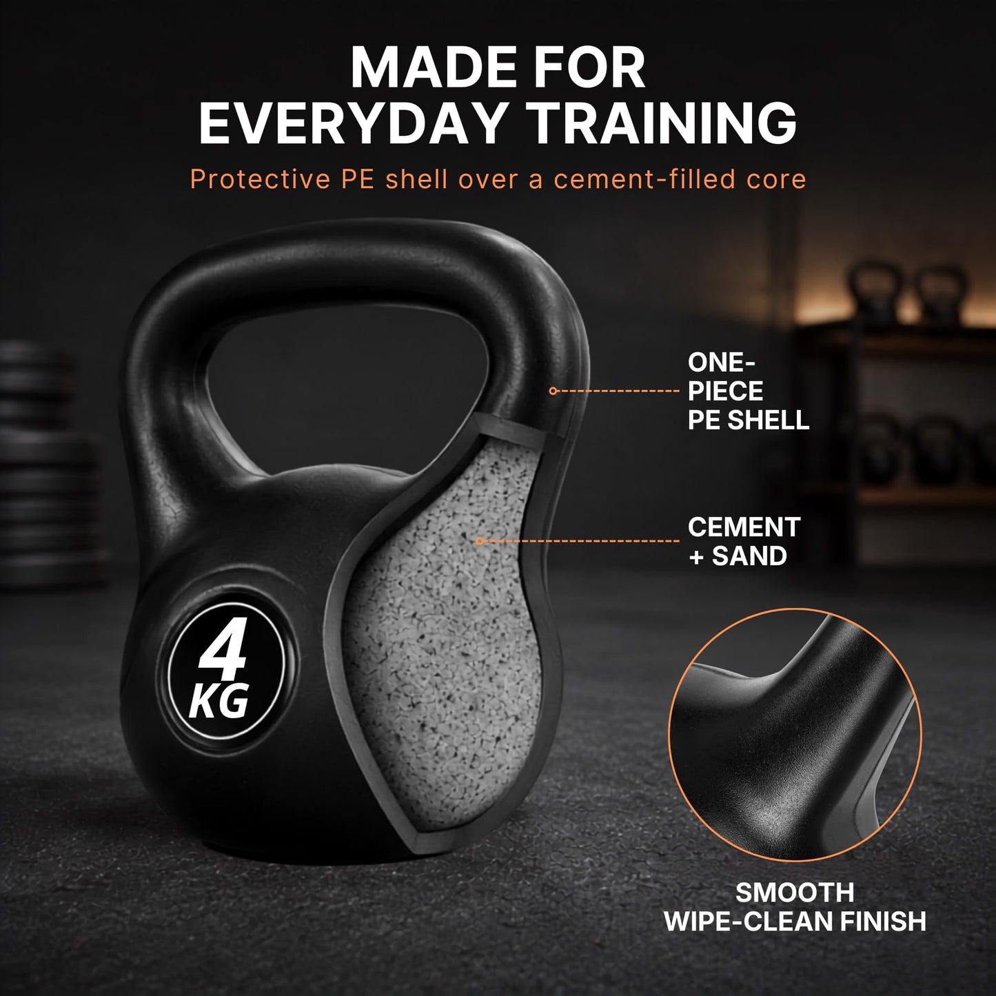 Lockie Fitness Kettlebell Weight, 4kg Cement-Filled Kettle Bell