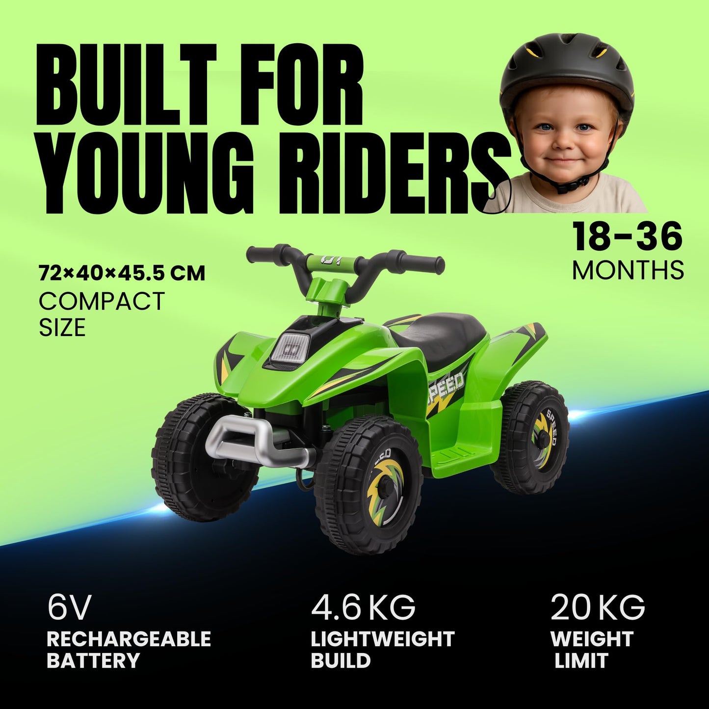 Straame 6V Electric Ride-On Quad Bike ATV for Toddlers Ages 18-36 Months, Forward/Reverse, 4-Wheel Design, 1.9-3.8 km/h Speed, 72×40×45.5 cm (Green)