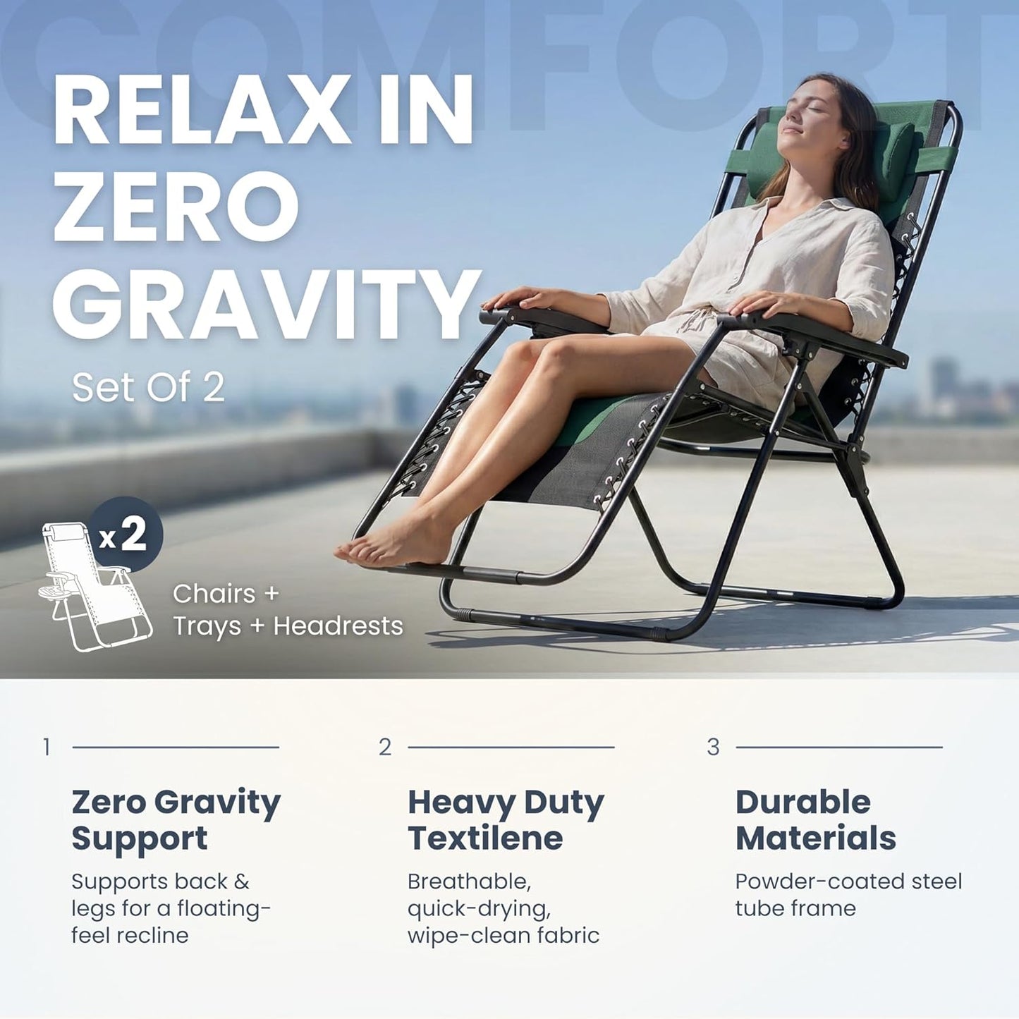 Straame XXL Padded Zero Gravity Chairs Set of 2, Folding Reclining Garden Chairs with Cup Holder Tray, Camping Chair Sun Loungers, Lockable 160° Patio Recliners with Adjustable Headrest (Padded, Green)