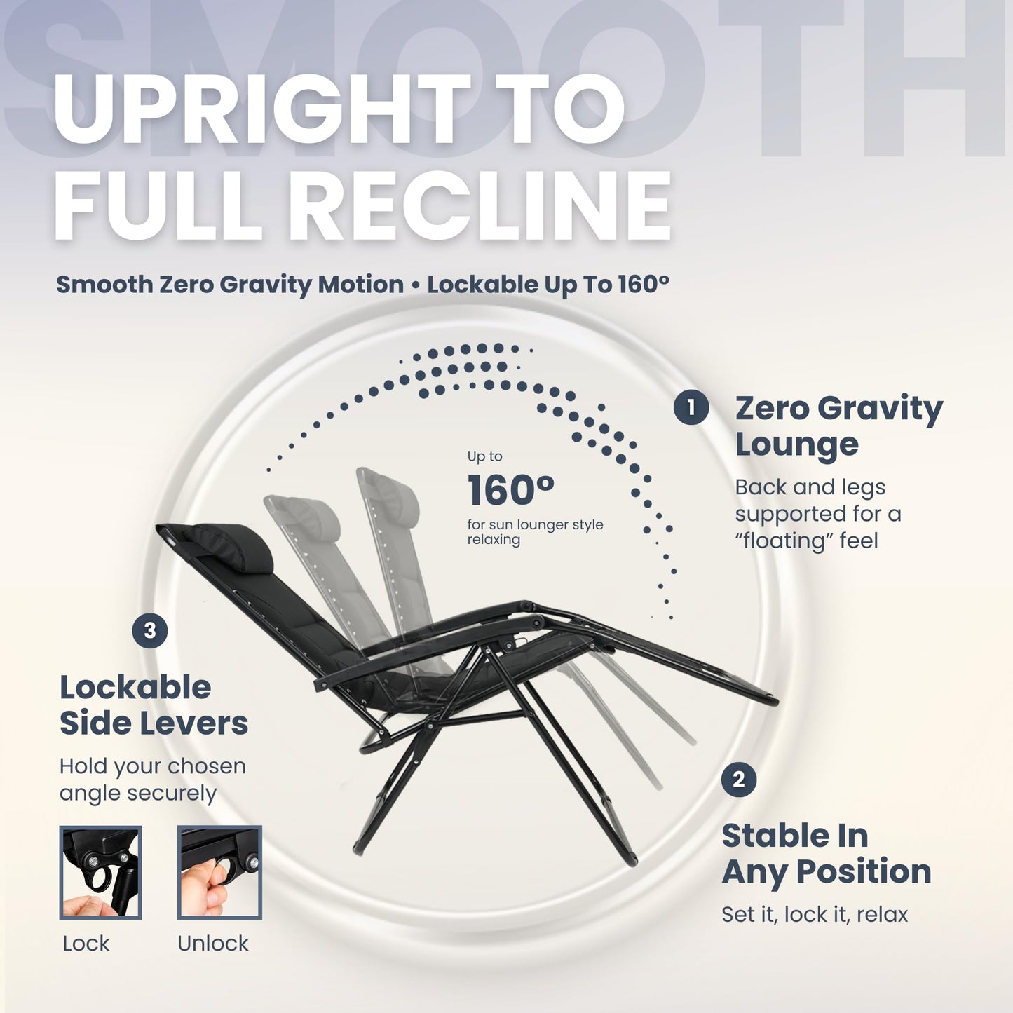 Straame XXL Padded Zero Gravity Chairs Set of 2, Folding Reclining Garden Chairs, Camping Chair Sun Loungers, Lockable 160° Patio Recliners with Adjustable Headrest(Padded, Black)