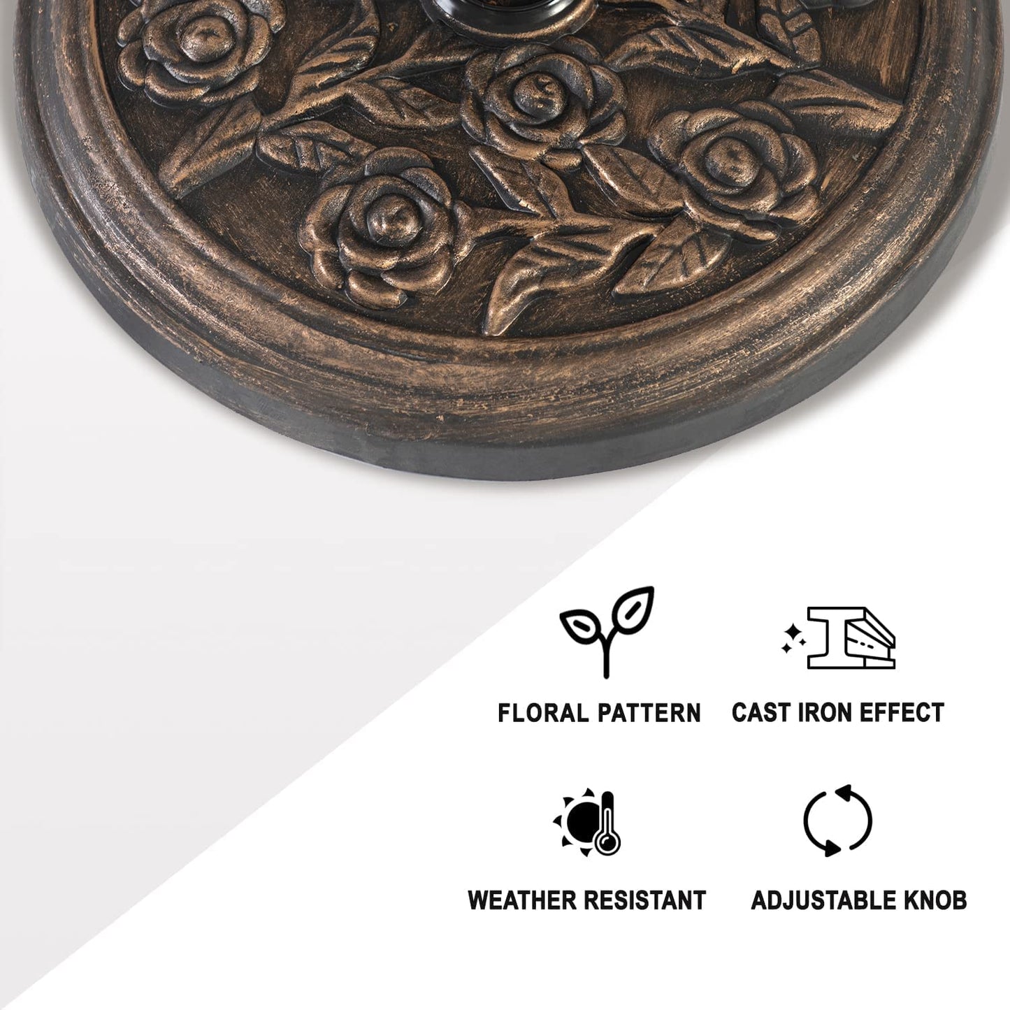 Straame 12KG Cast Iron Effect Garden Parasol Base - With Floral Rose Design - For Outdoor Furniture Umbrella, Canopy - Easy to Assemble, Heavy Duty Weather Resistant (Cast Iron Effect - 12 kg)