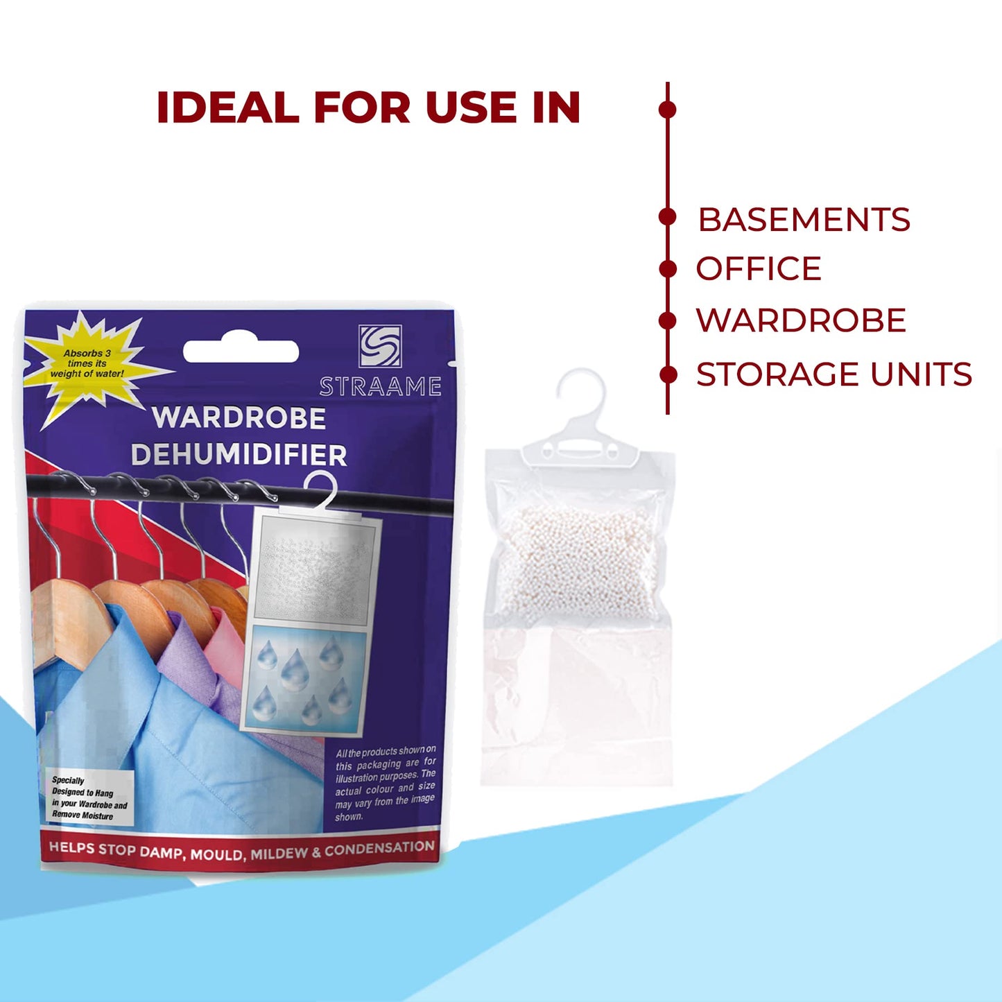 Straame Interior Hanging Dehumidifier | Absorbs Damp, Mildew, Mould and Condensation | Easy to Use and Long Lasting | Hydrophilic Crystals Small Dehumidifier| Ideal for Wardrobes (Pack of 12)