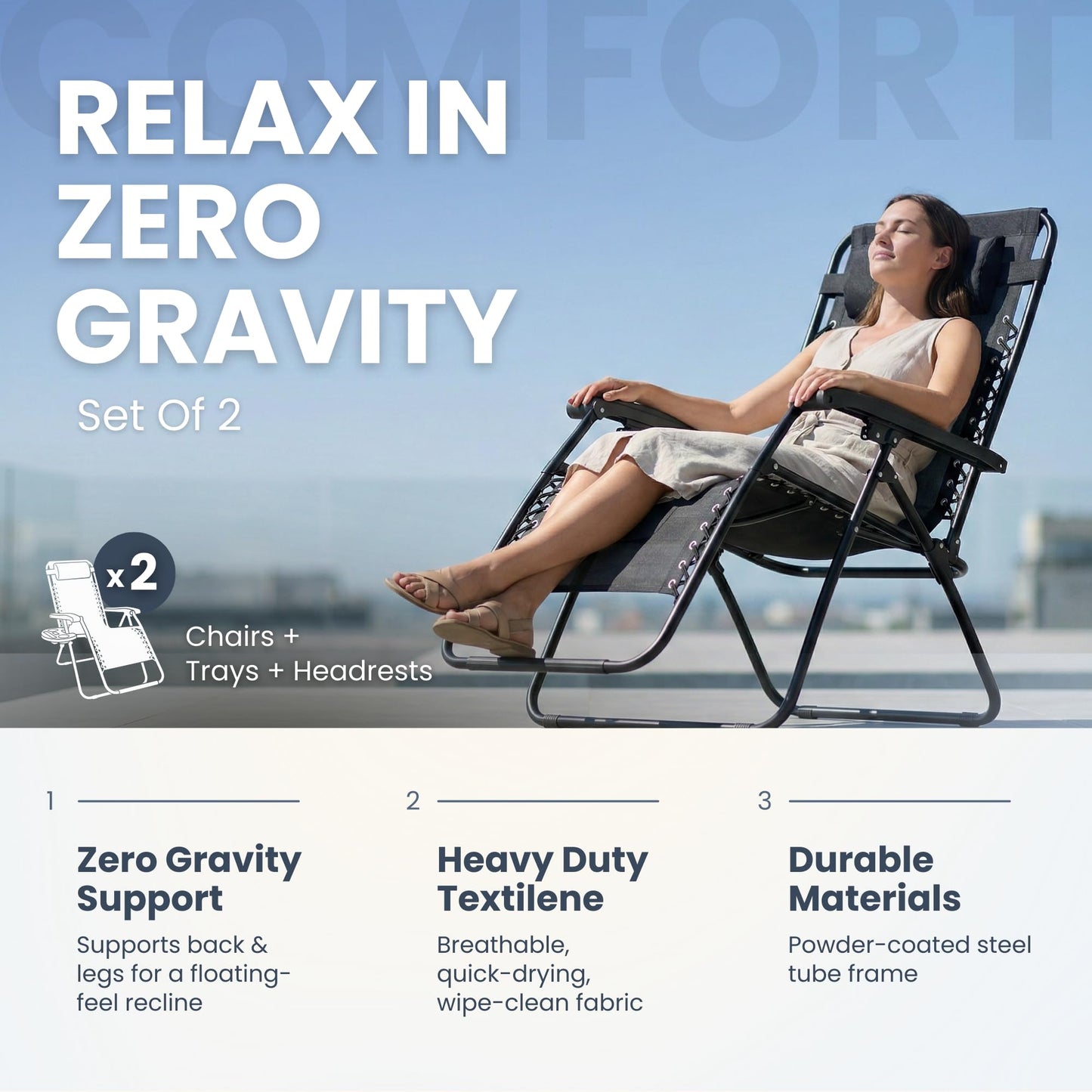 Straame XXL Padded Zero Gravity Chairs Set of 2, Folding Reclining Garden Chairs, Camping Chair Sun Loungers, Lockable 160° Patio Recliners with Adjustable Headrest(Padded, Black)