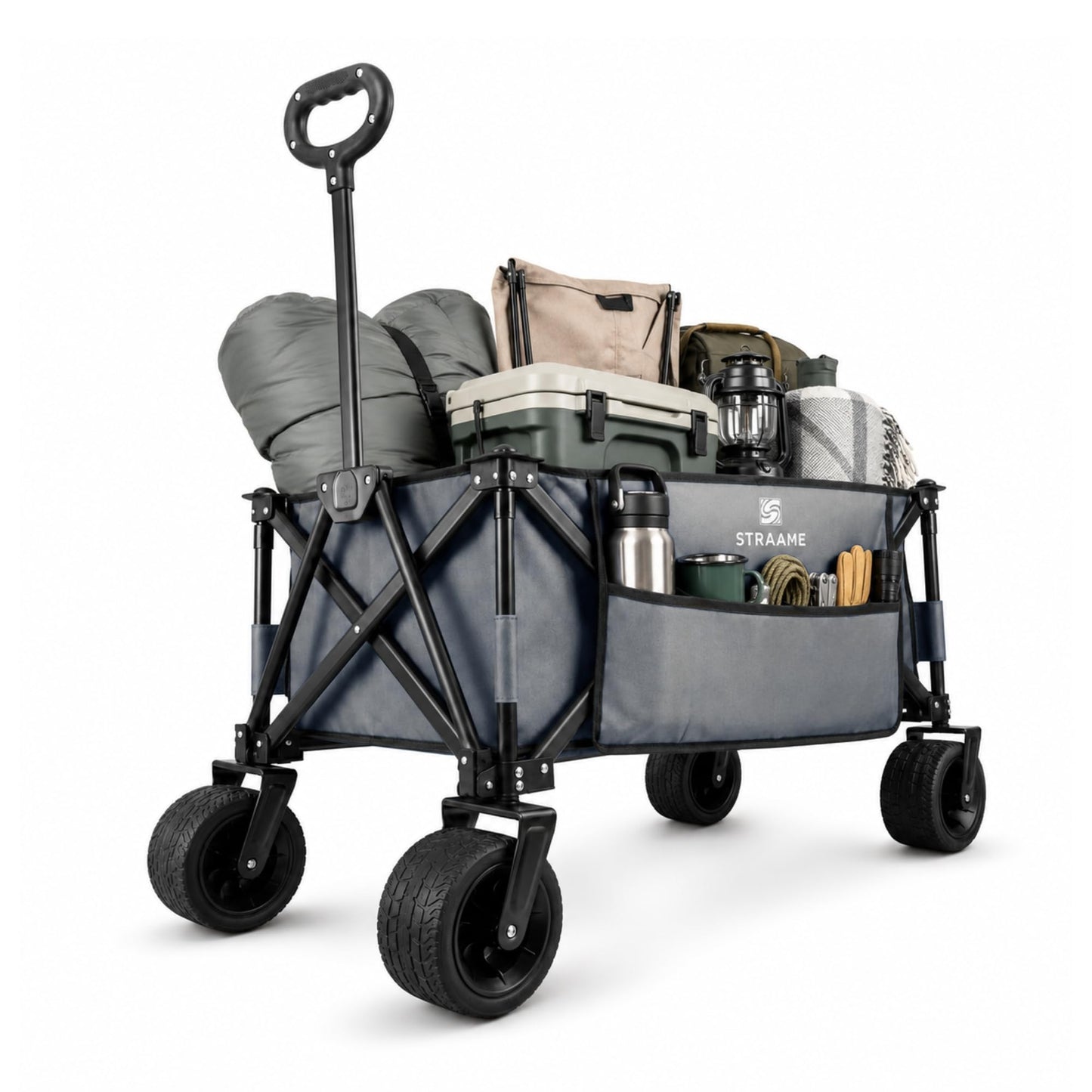 Straame 150L Festival Trolley on Wheels, Folding Camping trolley, Heavy Duty Collapsible Pull Along Beach Garden Shopping Trolly with Adjustable Handle, All Terrain Outdoor Utility Cart (Grey)