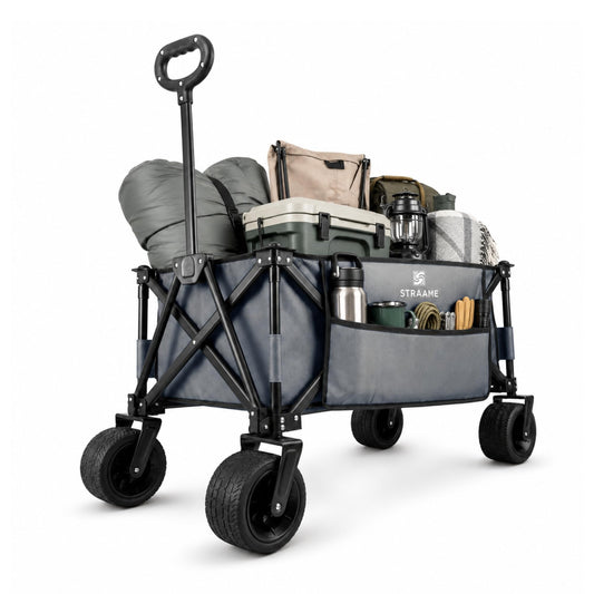 Straame 150L Festival Trolley on Wheels, Folding Camping trolley, Heavy Duty Collapsible Pull Along Beach Garden Shopping Trolly with Adjustable Handle, All Terrain Outdoor Utility Cart (Grey)