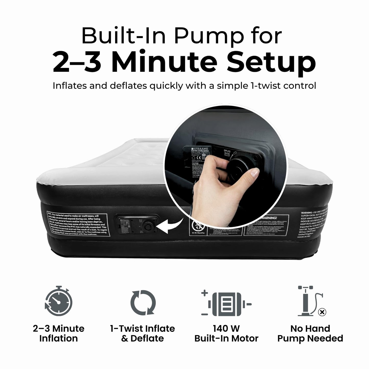 Straame Double Airbed with Built-in Pump, Inflatable Mattress 196 x 145 x 47 cm, Blow Up Mattress Guest Bed, Self Inflating Camping Mattress with Carry Bag for Home Travel Sleepovers Guests Use Indoor
