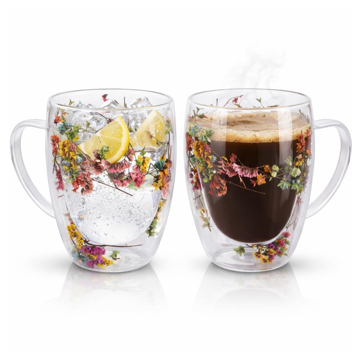 Straame Dried Flower Glass Coffee Mugs Pack of 2, 350 ml Floral Double Walled Glass Mugs with Handle, Double Wall Glass Tea Cups, Insulated Flower Mug, Double Walled Coffee Mug for Hot & Cold Drinks