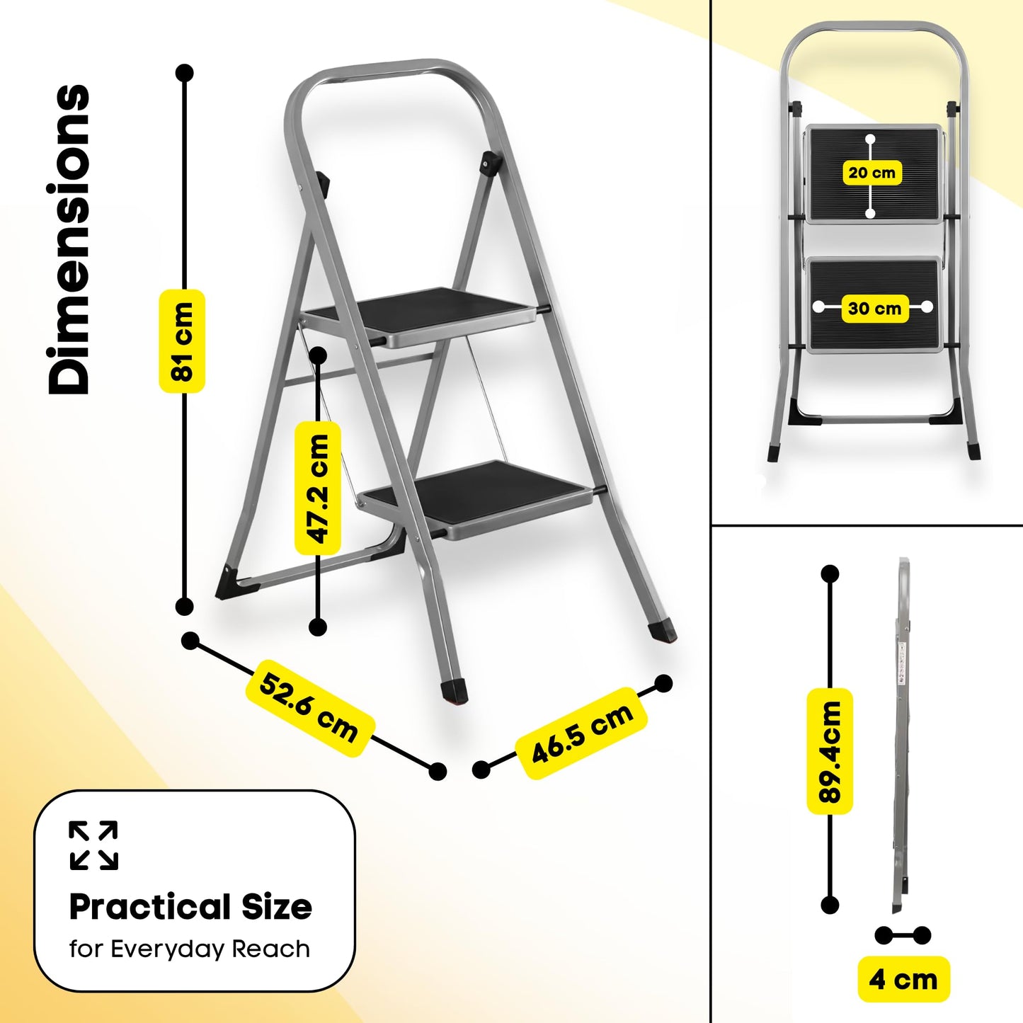 Straame 2 Step Ladder, Slimline Folding Step Ladder with Anti Slip Feet, 150 kg Capacity, Durable Steel Stepladder, Foldable Step Stool for Adults, Home Kitchen Garage Garden Caravan DIY Cleaning
