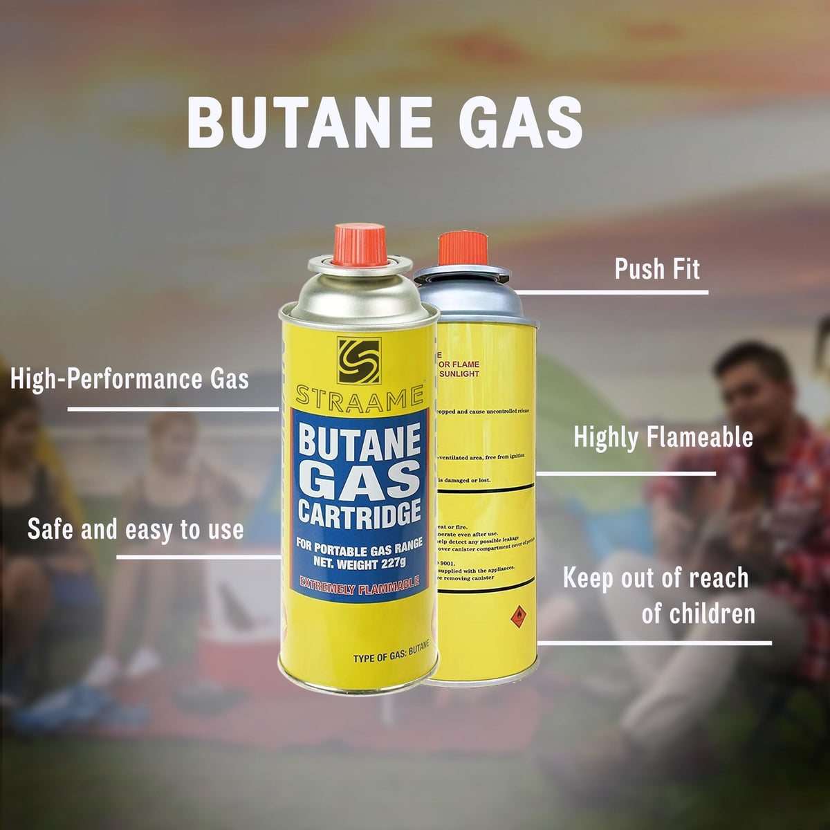 Straame Camping Gas Cartridges 227g, Portable Push-Fit Canisters, Pack of 8