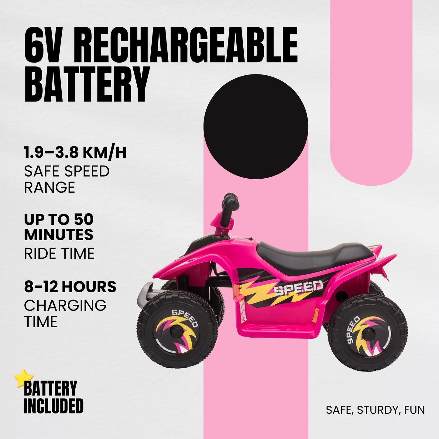 Straame 6V Electric Ride-On Quad Bike ATV for Toddlers Ages 18-36 Months, Forward/Reverse, 4-Wheel Design, 1.9-3.8 km/h Speed, 72×40×45.5 cm (Pink)