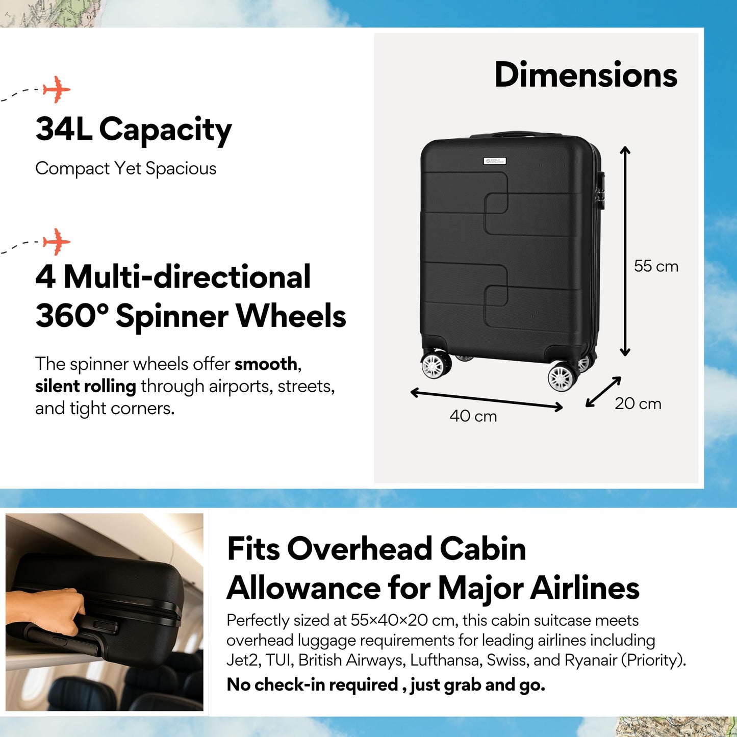 WORLD EXPLORER Cabin Suitcase | ABS Hard Shell with 360° Spinner Wheels & Com-bination Lock | Lightweight Cabin Luggage and Suitcase 34L – Ryanair Priority Size Travel Bag (Black, 55x40x20 CM)