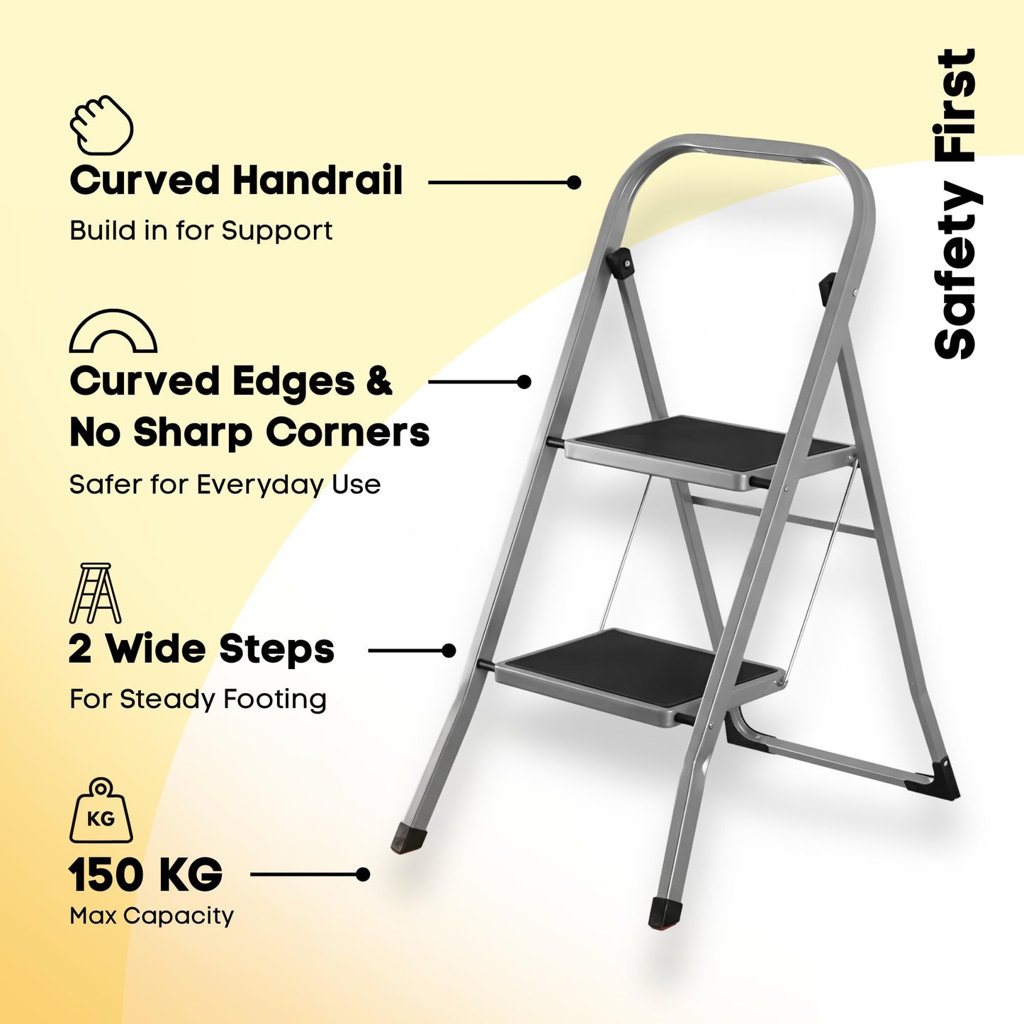 Straame 2 Step Ladder, Slimline Folding Step Ladder with Anti Slip Feet, 150 kg Capacity, Durable Steel Stepladder, Foldable Step Stool for Adults, Home Kitchen Garage Garden Caravan DIY Cleaning