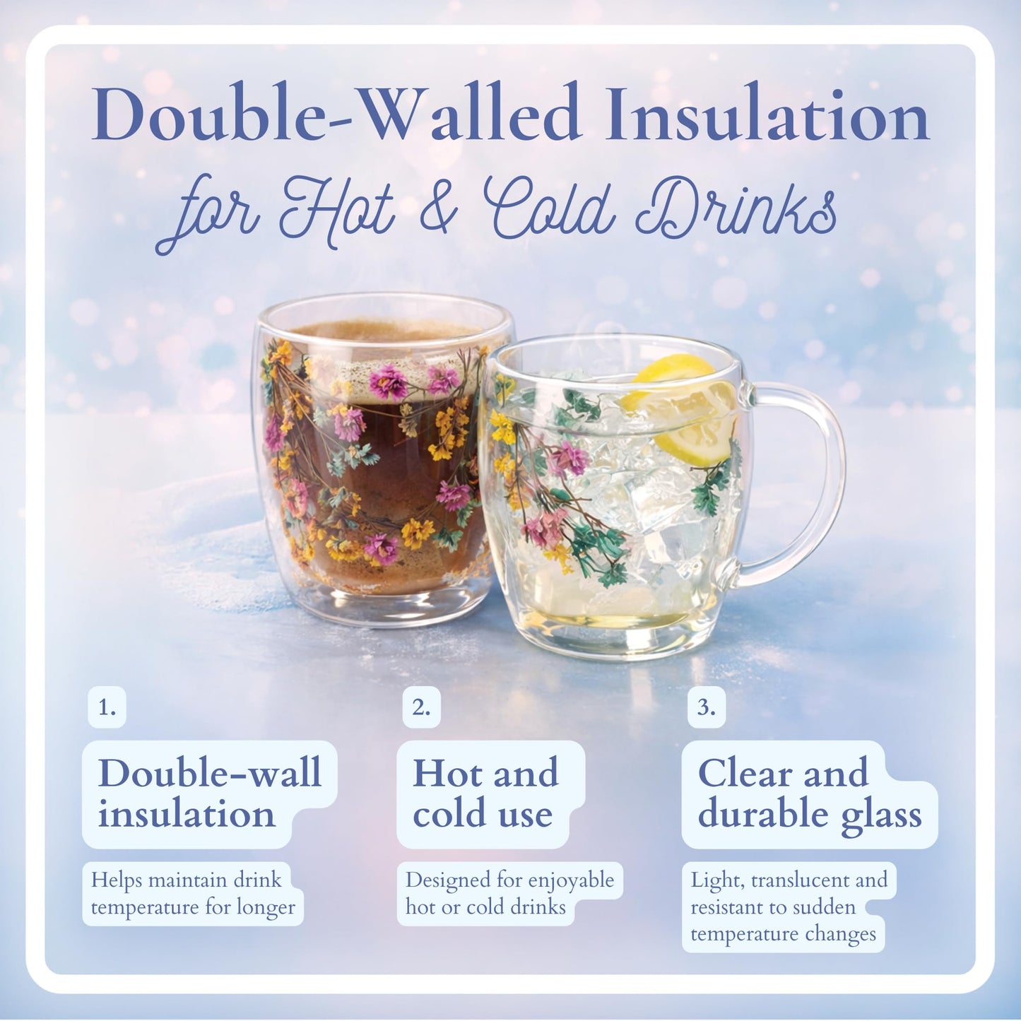 Straame Dried Flower Glass Coffee Mugs Pack of 2, 350 ml Floral Double Walled Glass Mugs with Handle, Double Wall Glass Tea Cups, Insulated Flower Mug, Double Walled Coffee Mug for Hot & Cold Drinks