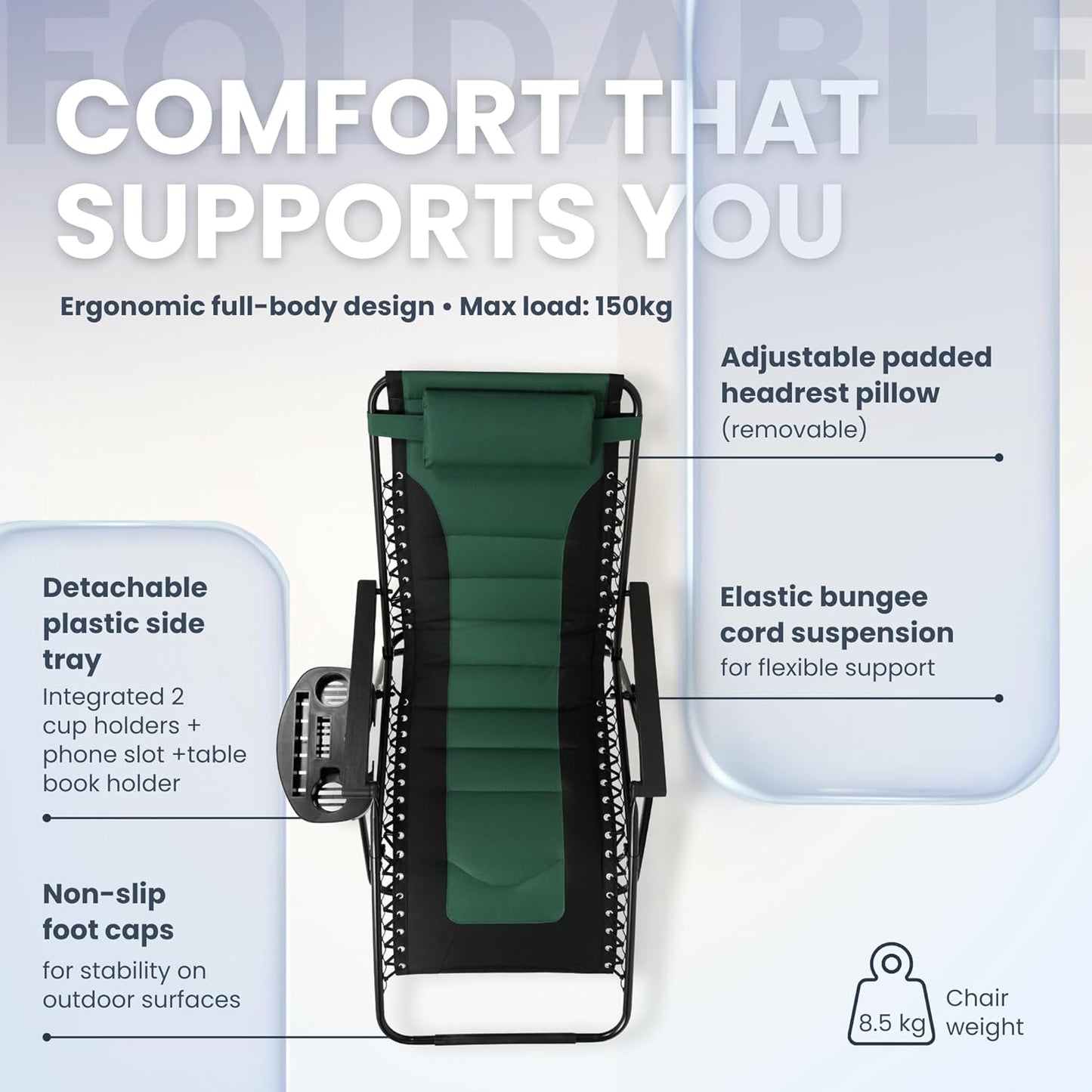 Straame XXL Padded Zero Gravity Chairs Set of 2, Folding Reclining Garden Chairs with Cup Holder Tray, Camping Chair Sun Loungers, Lockable 160° Patio Recliners with Adjustable Headrest (Padded, Green)