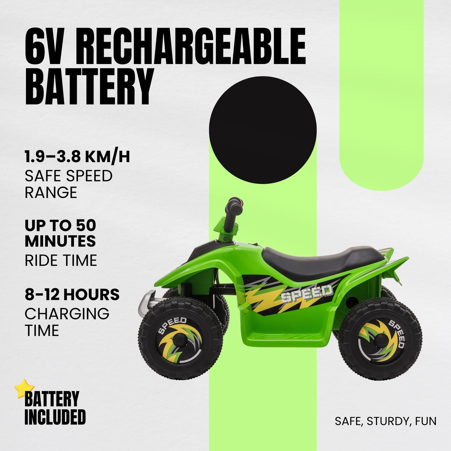 Straame 6V Electric Ride-On Quad Bike ATV for Toddlers Ages 18-36 Months, Forward/Reverse, 4-Wheel Design, 1.9-3.8 km/h Speed, 72×40×45.5 cm (Green)