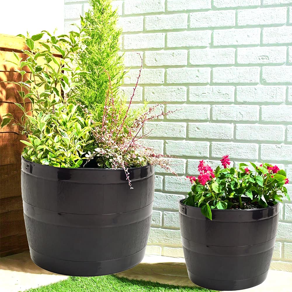 Straame Plant Pot Tub, 50 Liters Gardening Flower Pots - Indoor Or Outdoor Planter - Multi-Purpose - Makes Your Living Space Bloom (Black Barrel Plantar Large- 45x33x34 cm)