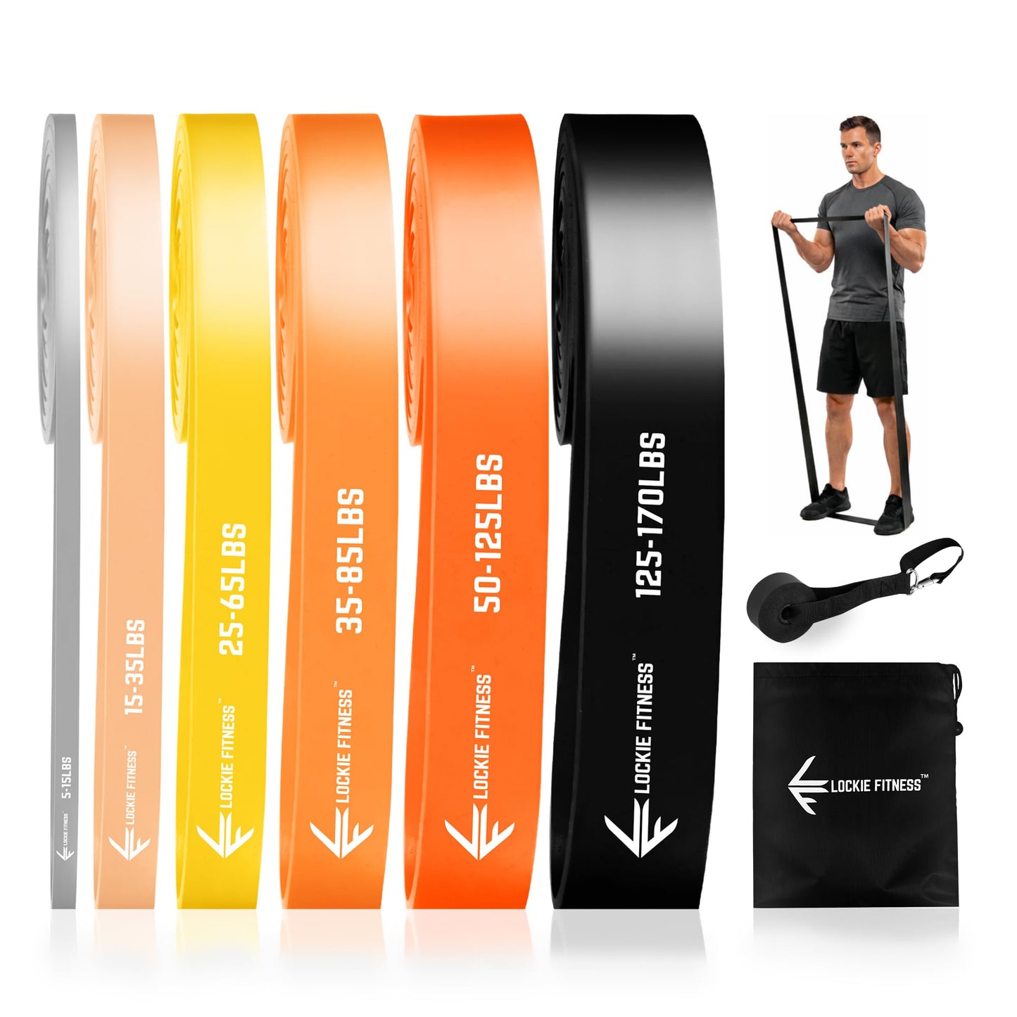 Lockie Fitness Resistance Bands for Pull Up Training, Strength Training and Stretching, Long TPE Exercise Loops, Home Gym Set with Door Anchor and Carry Bag, 6 Piece 5 to 170 lbs