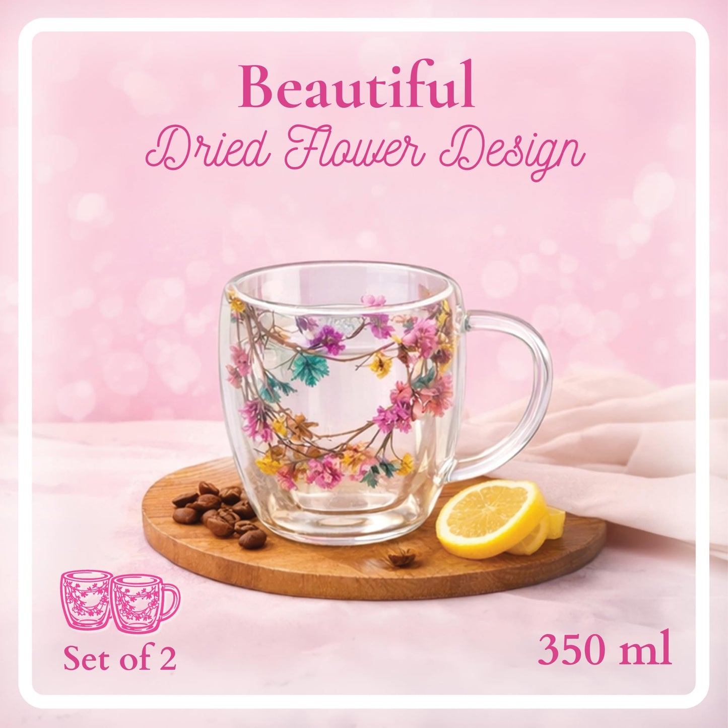 Straame Dried Flower Glass Coffee Mugs Pack of 2, 350 ml Floral Double Walled Glass Mugs with Handle, Double Wall Glass Tea Cups, Insulated Flower Mug, Double Walled Coffee Mug for Hot & Cold Drinks