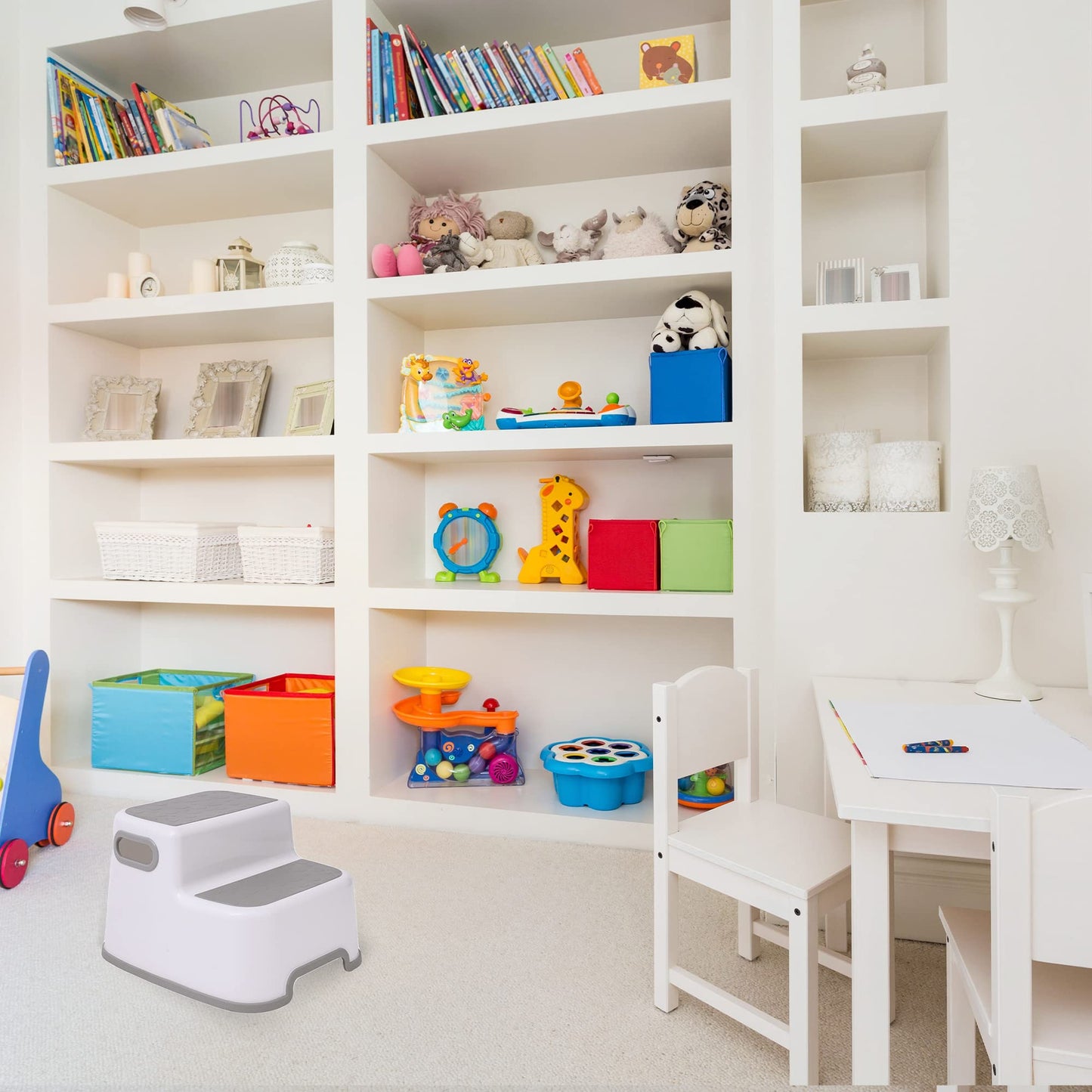 Straame Double Step Stool for Kids, Non-Slip 2 Step Stool for Toddlers with Built-in Handles, Step Stool for Potty Training, Bathroom and Kitchen, Sturdy and Practical Design (White)