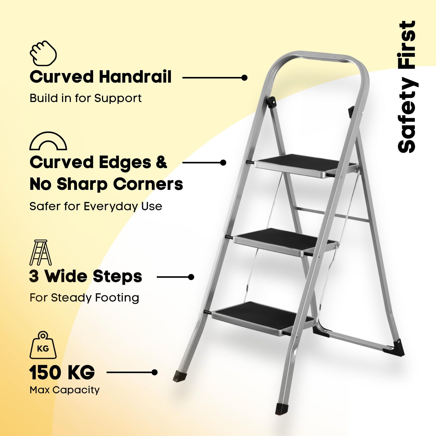 Straame 3 Step Ladder, Slimline Folding Step Ladder with Anti Slip Feet, 150 kg Capacity, Durable Steel Stepladder, Foldable Step Stool for Adults, Home Kitchen Garage Garden Caravan DIY Cleaning
