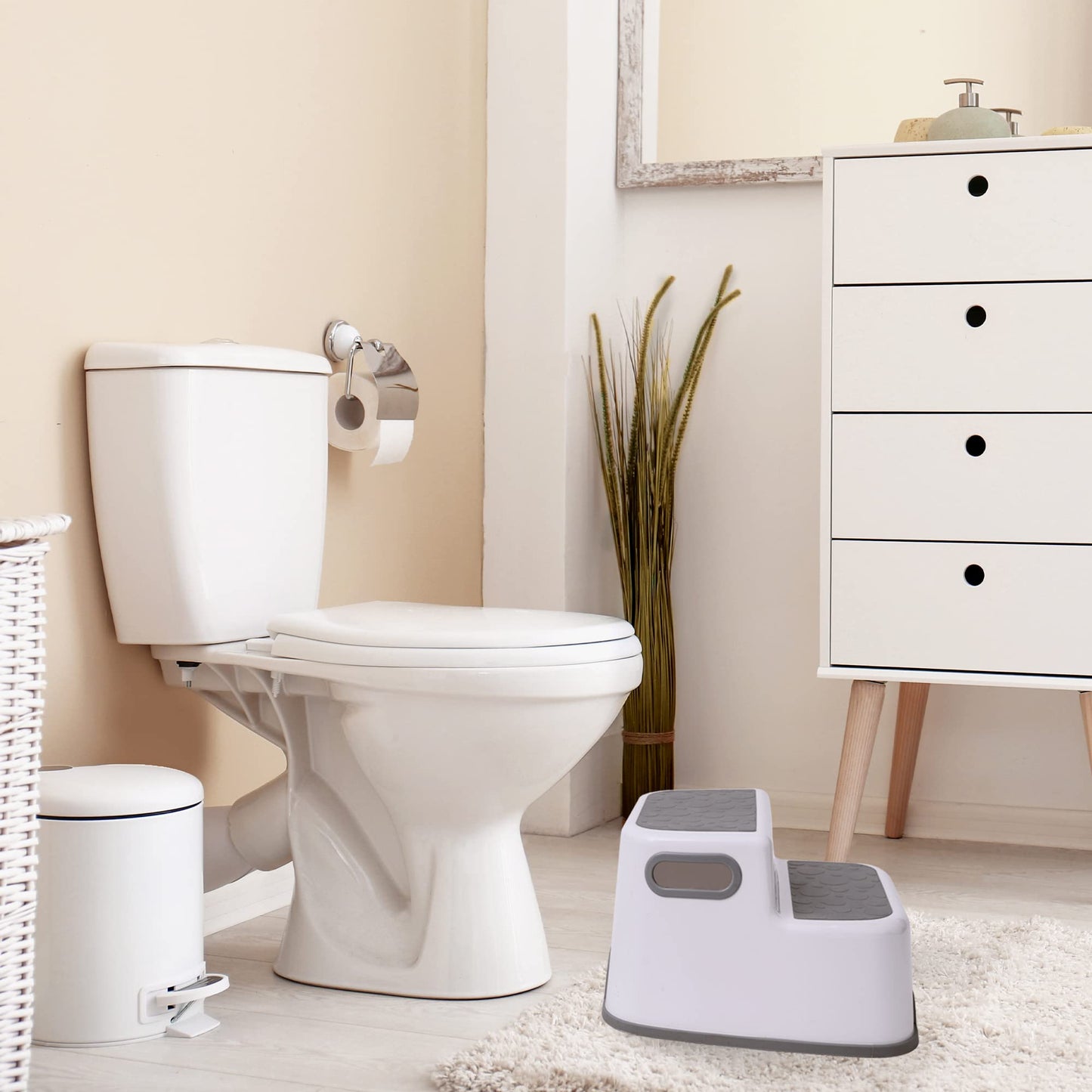 Straame Double Step Stool for Kids, Non-Slip 2 Step Stool for Toddlers with Built-in Handles, Step Stool for Potty Training, Bathroom and Kitchen, Sturdy and Practical Design (White)