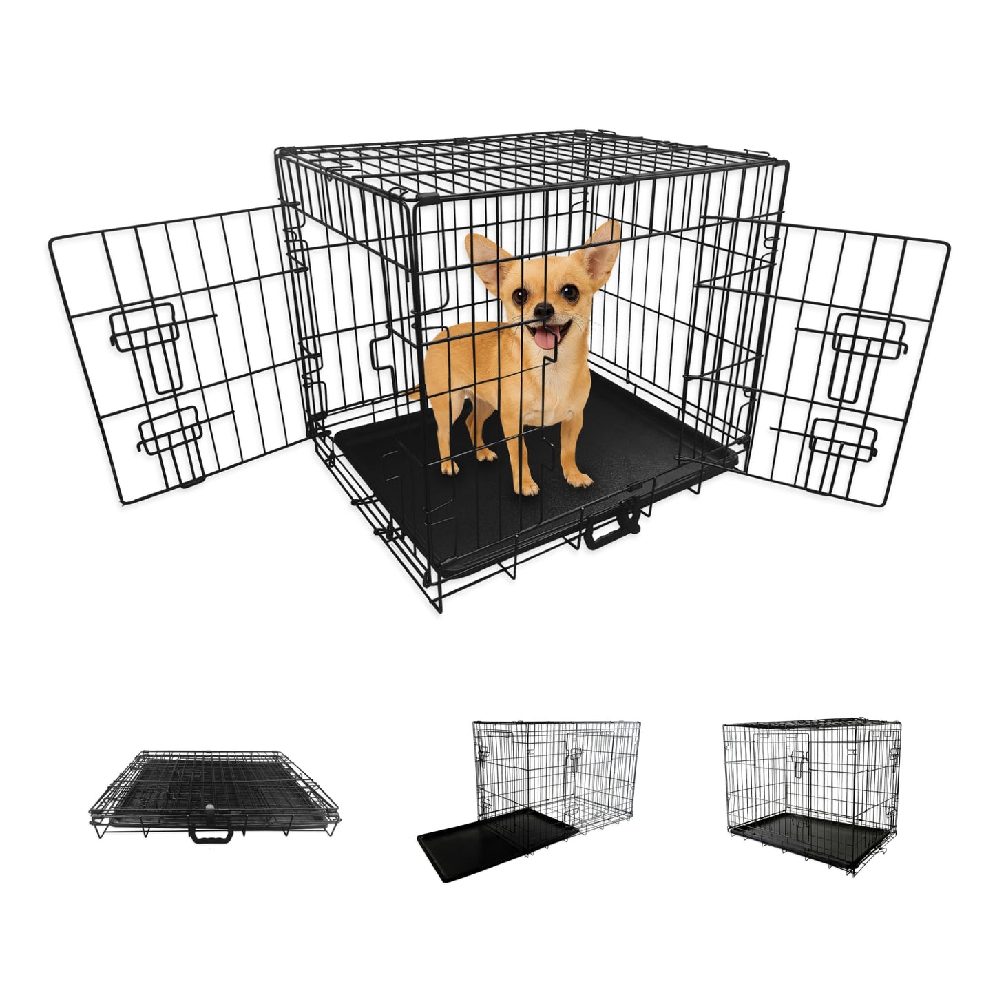 Straame Heavy-Duty Folding Dog Crate 24 inch for Small Dogs, 60 x 40 x 50 cm Black Metal Wire Pet Cage with 2 Doors, Secure Sliding Latches, Removable Leak-Proof Tray, Carry Handle, Fold-Flat Design